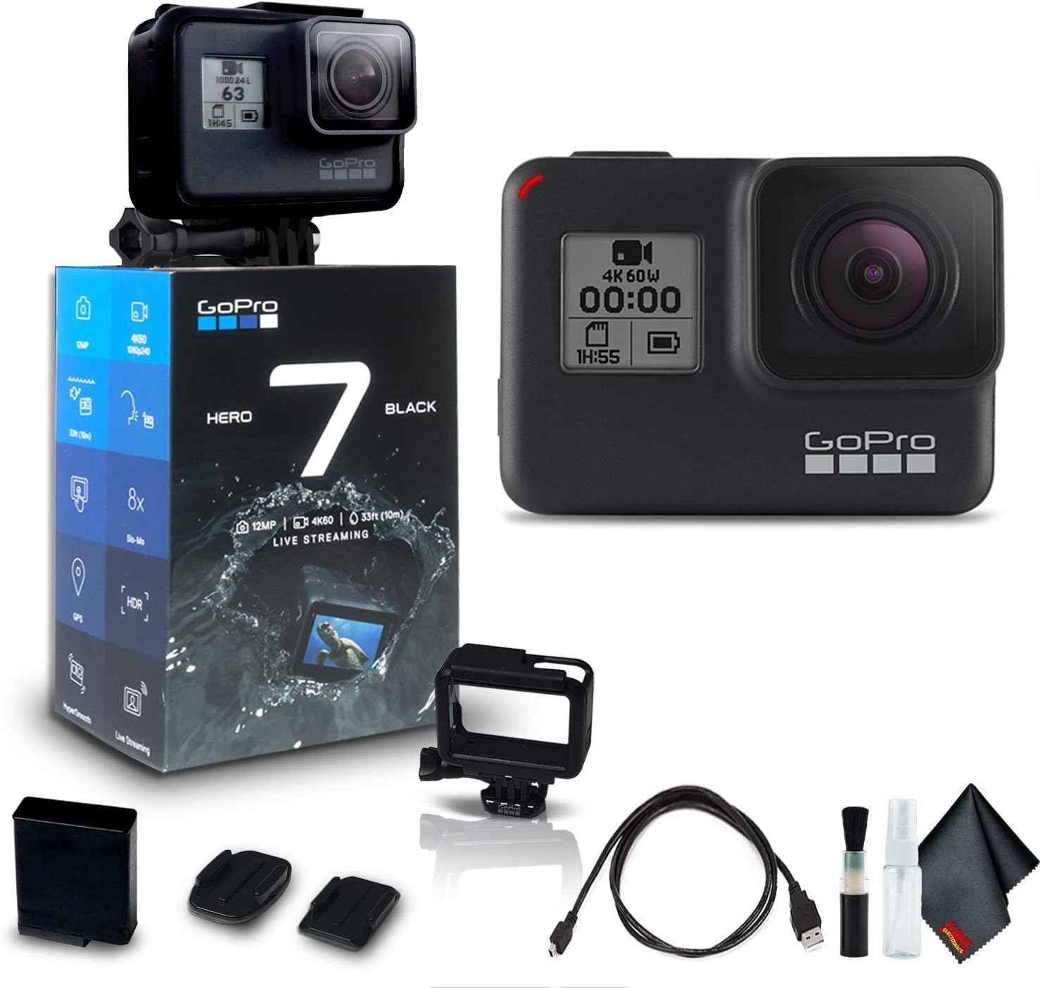 GoPro HERO7 Black - Waterproof Action Camera with Touch Screen (HERO7 Black), 4K HD Video, 12MP Photos, Live Streaming and Stabilization - Base Kit OPEN BOX
