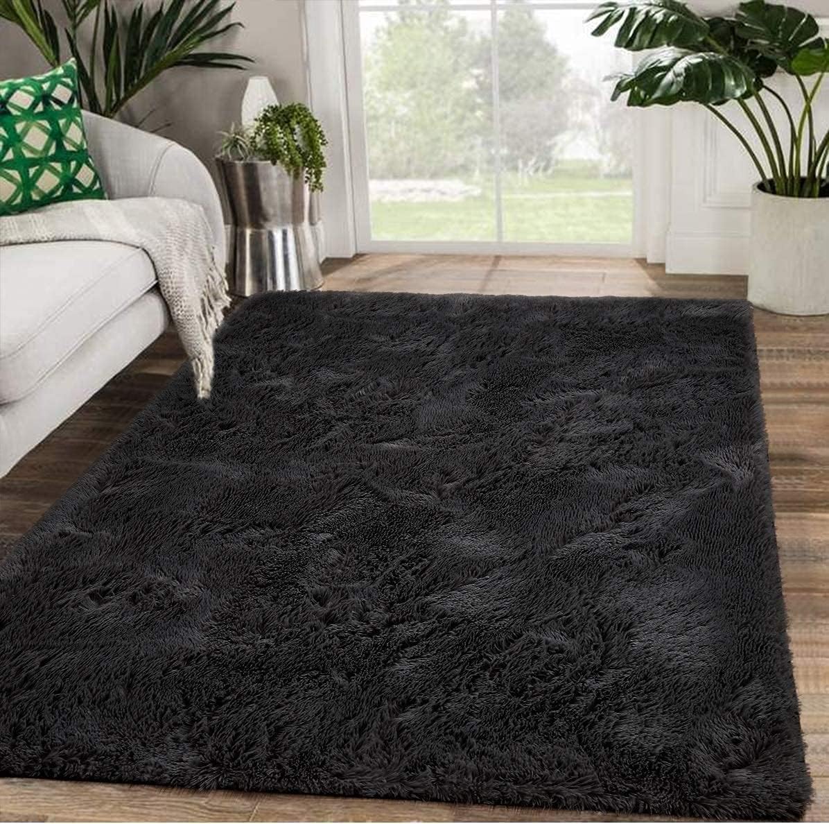 Zareas Modern Soft Shag Area Rugs for Living Room, 5x8 Feet Black Fluffy Bedroom Carpet for Dorm, Decorative Shaggy Rug Fuzzy Carpet for Kids Room Nursery, Non-Skid Faux Fur Rug for Home Decor