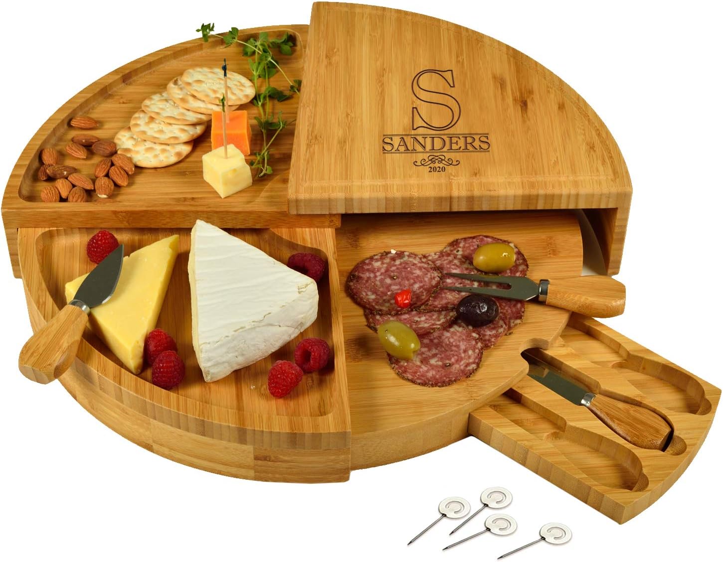 Picnic at Ascot Custom Personalized Engraved Bamboo Cheese/Charcuterie Cutting Board - Innovative Patented Design enables All in One Storage Pack of 2