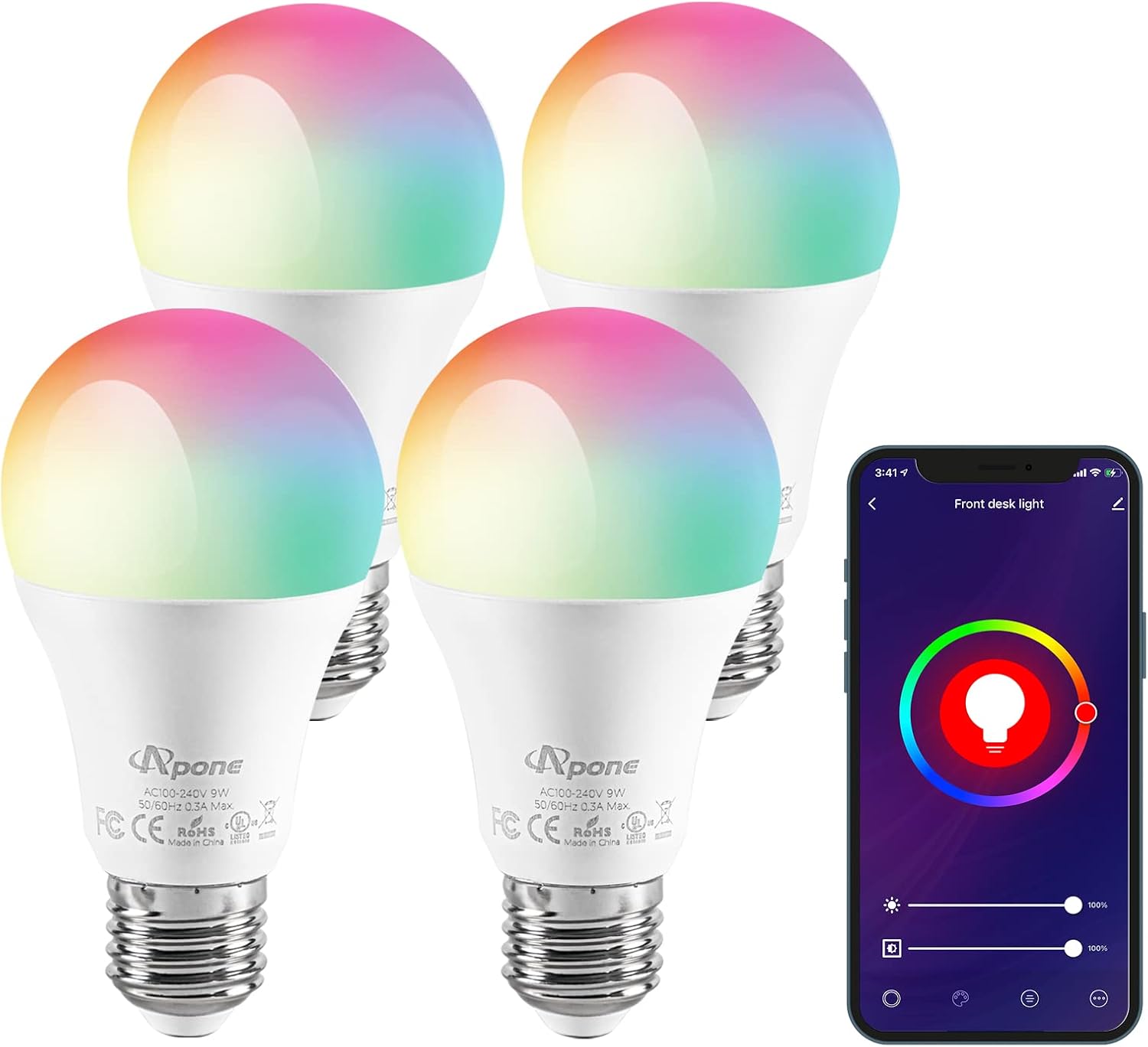 Smart Light Bulbs, APONE Color Changing Light Bulb Smart Bulbs That Work with Alexa & Google Multicolor LED Light Bulb RGB Bulb for Home Decor/Bedroom/Stage/Party(4 Pack) Pack of 2