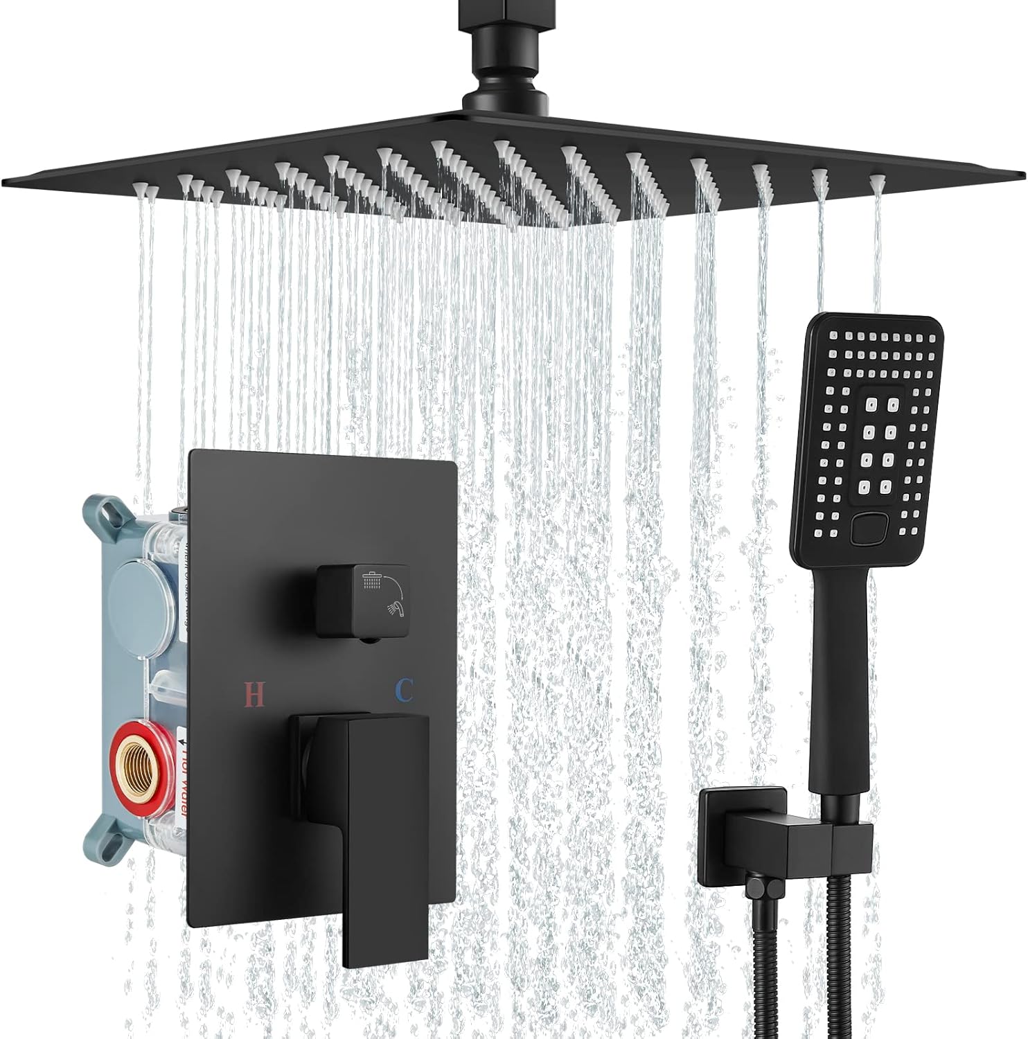 Aolemi Matte Black Shower System Ceiling Mount 12 Inch Rain Shower Head with 3 Functions Handheld Spray Luxury High Pressure Shower Combo Set Rough-in Valve and Shower Trim Included Bathroom
