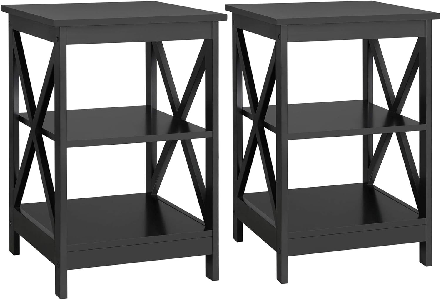 Yaheetech Wood X Design End Tables with Storage Shelves, 3 Tier Sofa/Chair Side Table Storage for Living Room, Set of 2, Black