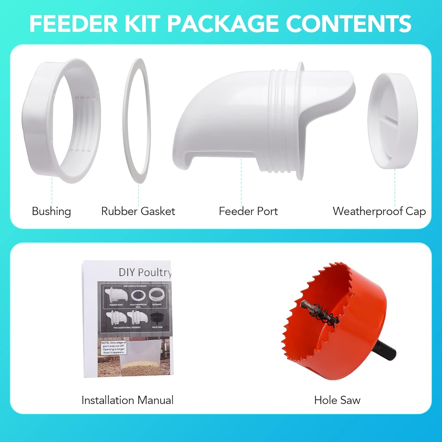 Bambot Chicken Feeder DIY Poultry Feeder with Rainproof Design Gravity Poultry Birds Feeder for Buckets, Bins, Barrels with Connect Seals 4 Feeding Ports 1 Hole Saw Pack of 2