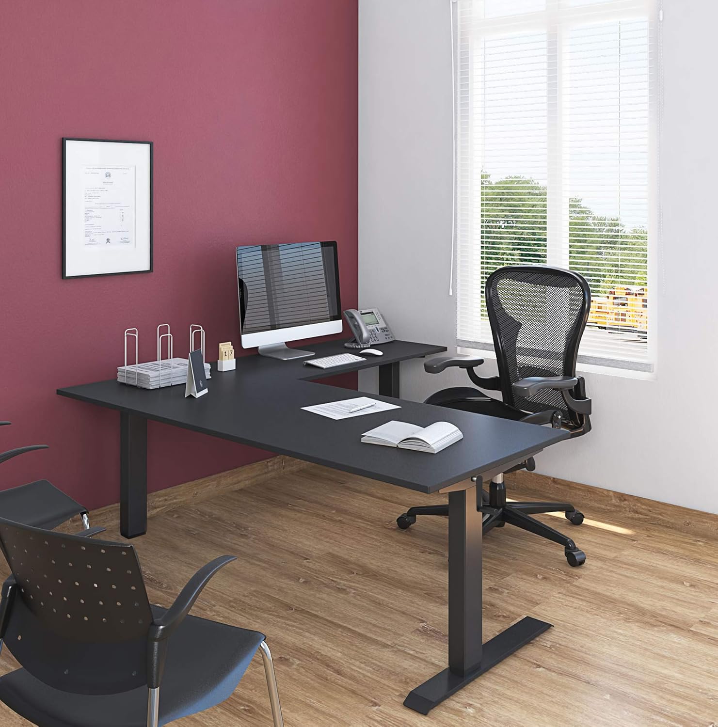 Stand Up Desk Store Crank Adjustable Height L-Shaped Standing Desk with Steel Frame (Black Frame/Black Top, 72