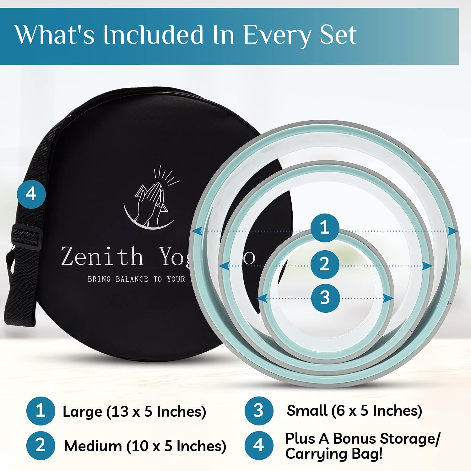 Zenith Yoga Co Yoga Wheel Set of 3 Yoga Wheel Set is Great for Back Pain Relief, Stretching and Assisting with Yoga Poses Deepen Your Yoga Practice with Foam Yoga Roller Kit 6, 10, 13 inch Pack of 2