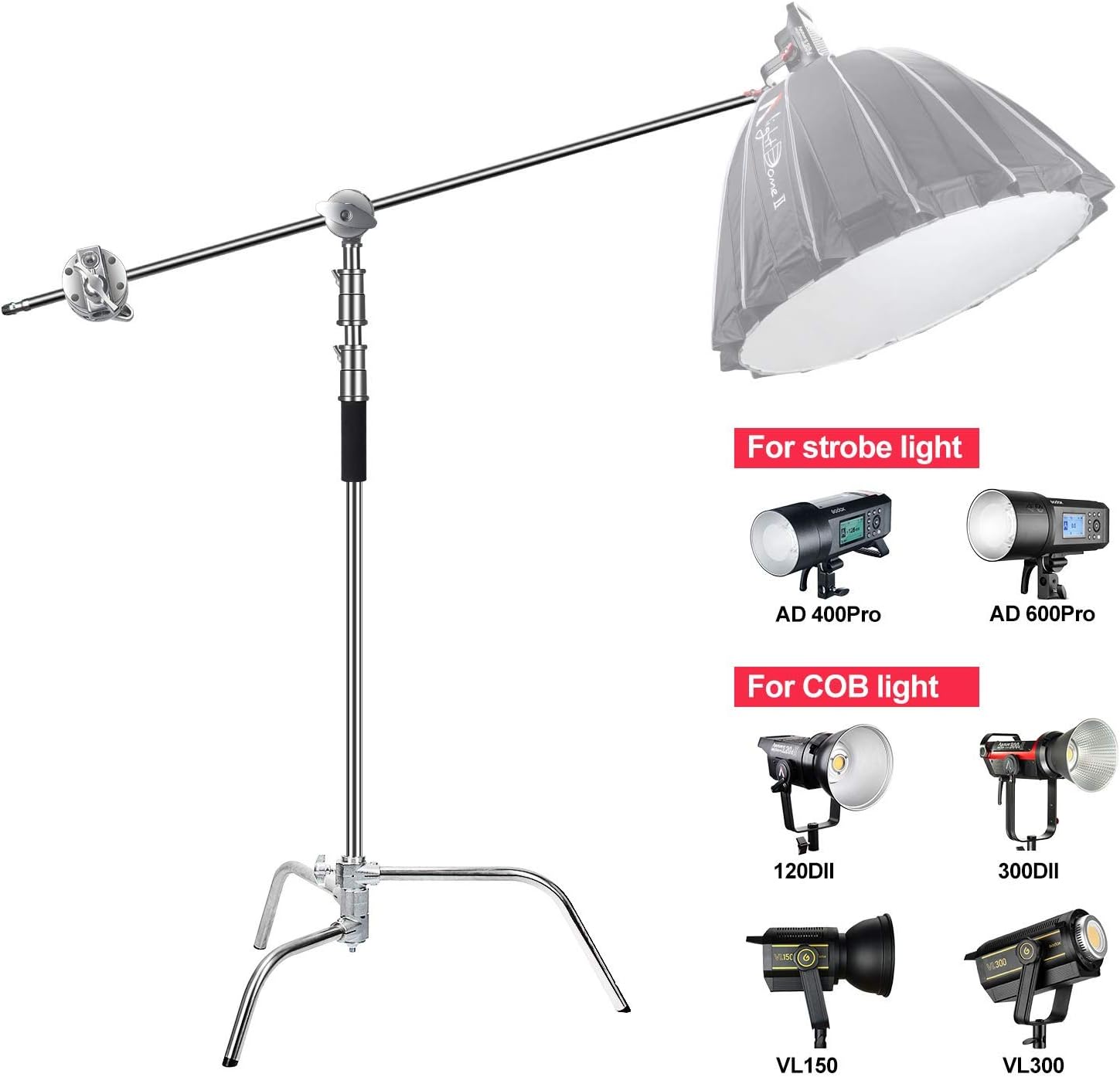 EACHSHOT C Stand Heavy Duty 100% Metal Max 10.8ft/330cm w/Holding Arm Light Stand cStand w/Boom Arm 2 Pcs Grip Head for Godox Aputure Amaran Nanlite Photography Photo Studio Video Reflector Monolight