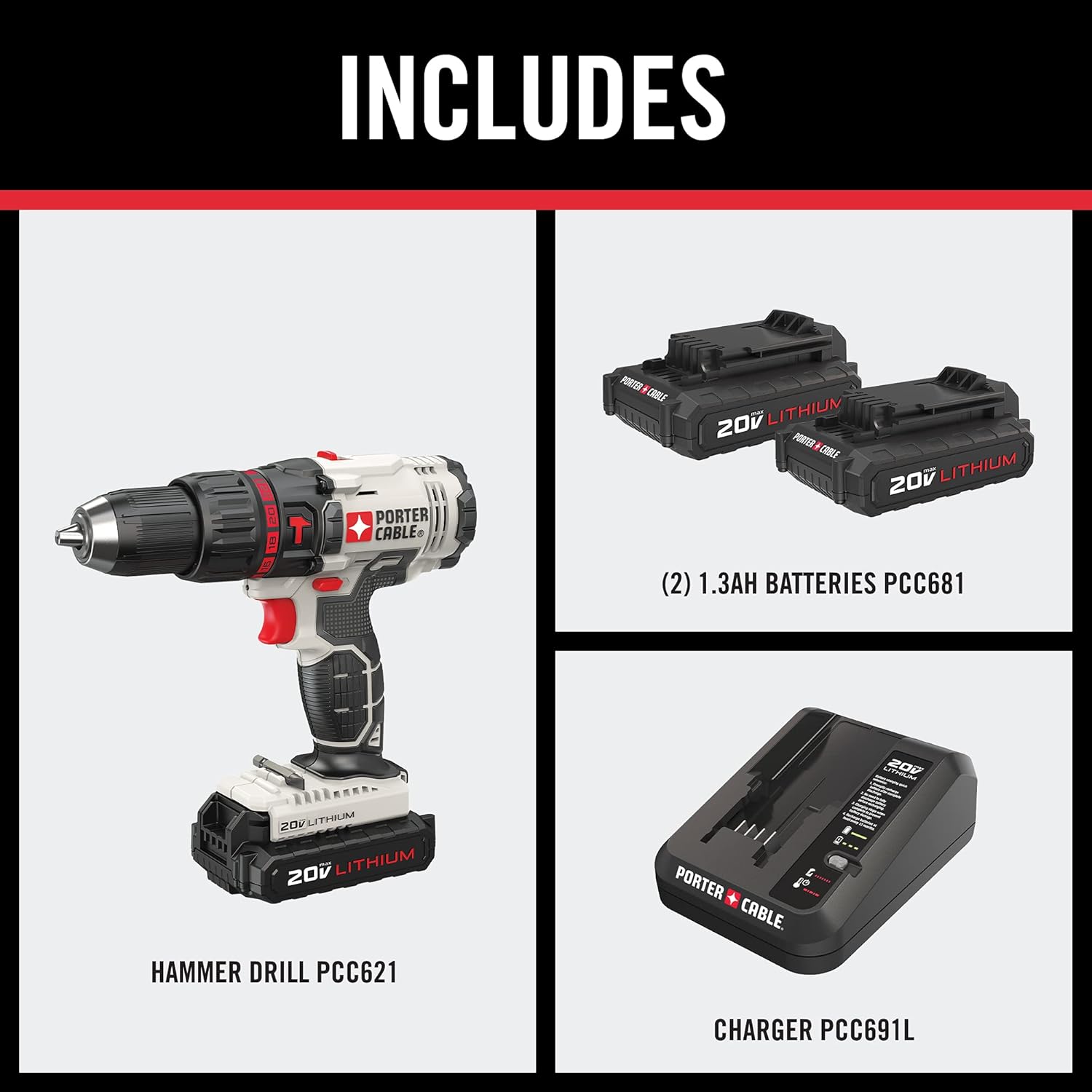 PORTER-CABLE 20V MAX Hammer Drill Kit, Compact, Cordless (PCC621LB)