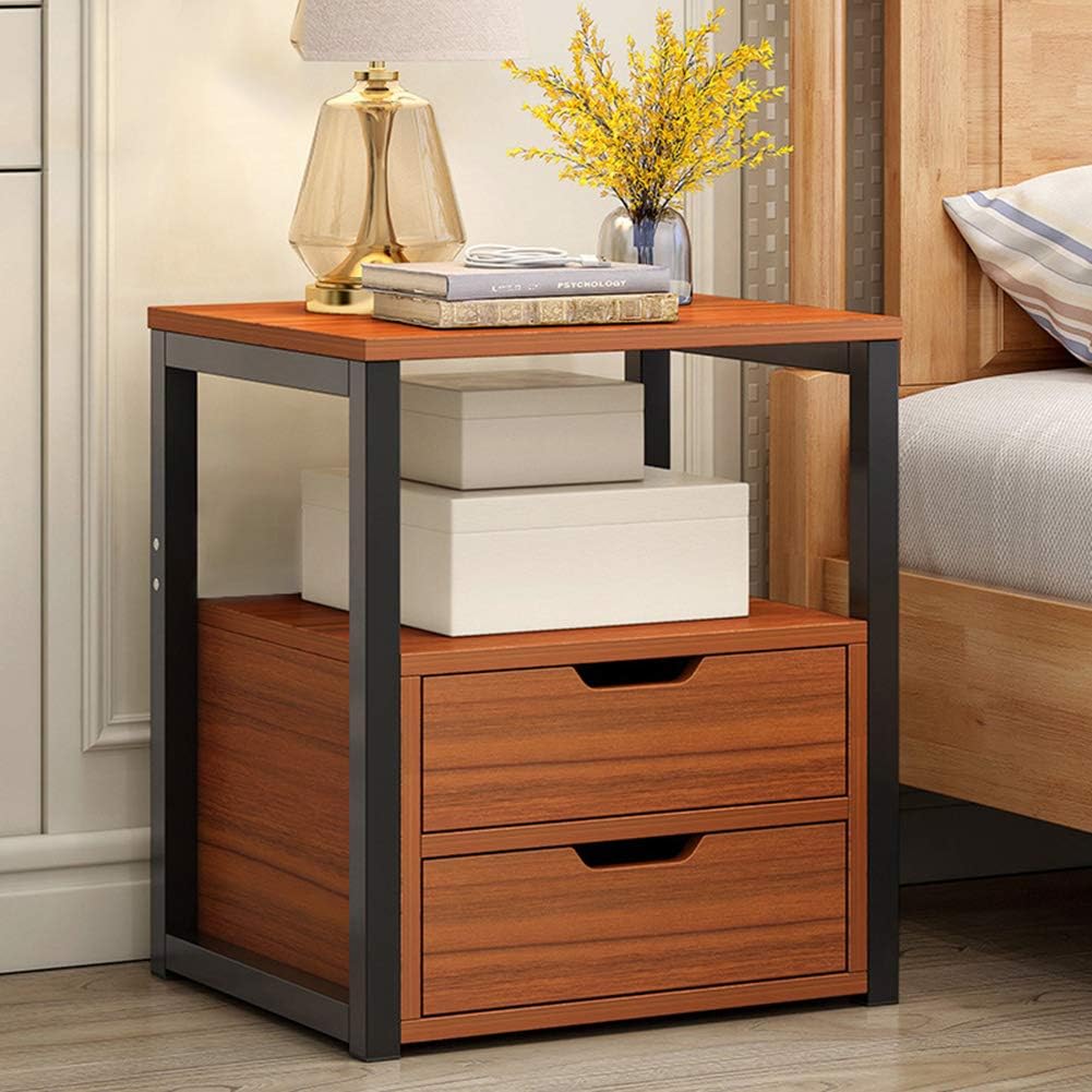 Nightstand, Side Table Metal Frame Rustic Storage Organiser End Table Side Table Open Storage Shelf, End Table for Small Spaces, with Two Drawers
