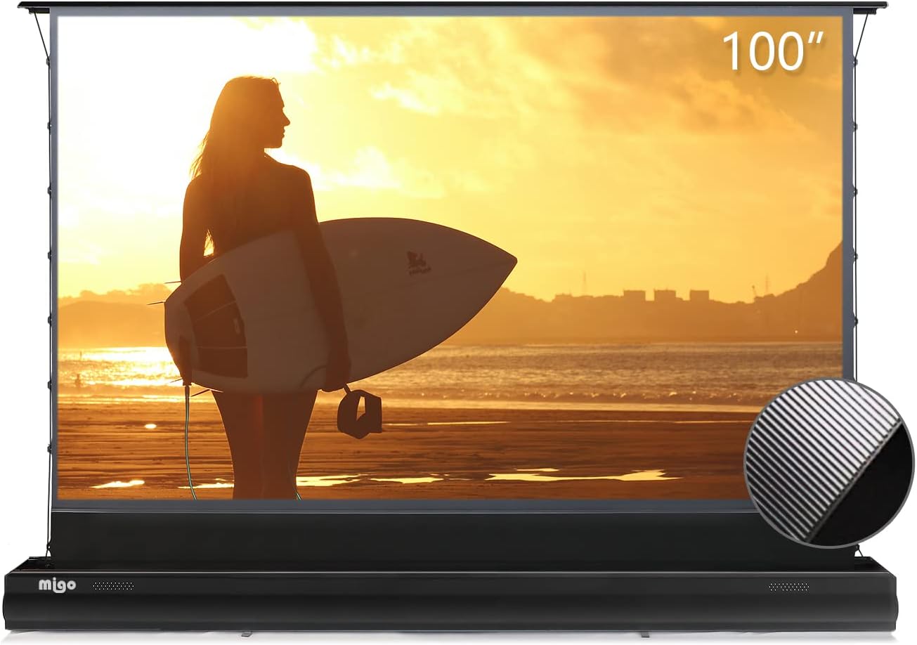 MIGO 100inch Black Electric Motorized Floor Rising Tab Tension Pull up Projector Screen with The PET Crystal Slimline ALR ambieht Light for The UST 4k Projector