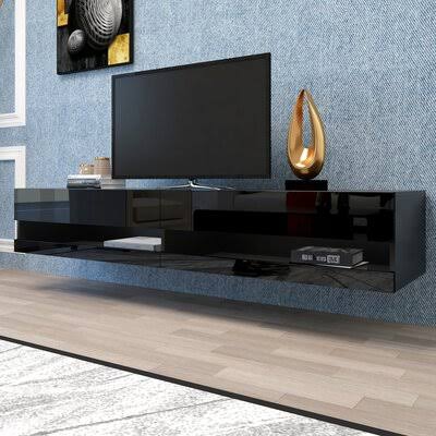 Emeline 180 Wall Mounted Floating 80x22 TV Stand with 20 Color LEDs Black Wade Logan Color: Black