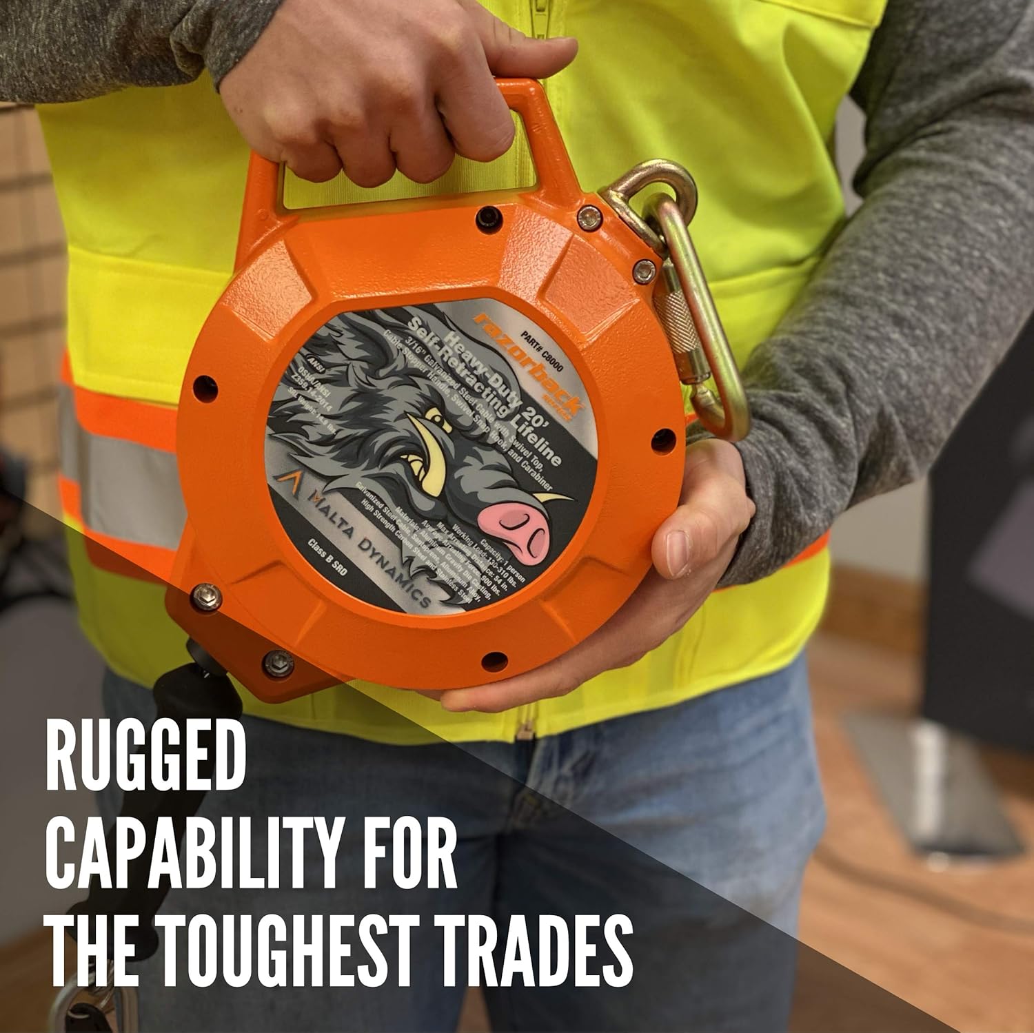 Malta Dynamics Razorback 30' Heavy-Duty Self Retracting Lifeline, Quick-Action Braking System, Galvanized YoYo Cable, Fall Protection Retractable Safety Harness Lanyard - OSHA/ANSI Compliant