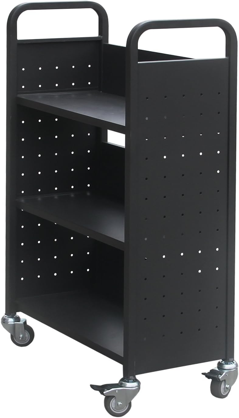 Heavy Duty Book Carts with Wheels, 4-Wheel Rolling Library Book Cart, 3 Shelves Rolling Bookcase Book Storage for Office Furniture School Supply (Black)