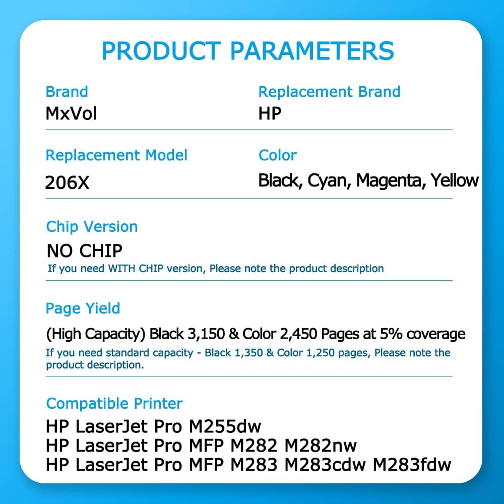 MxVol Compatible Toner Cartridge Replacement for HP 206X 206A W2110X W2111X W2112X W2113X for HP Color Pro MFP M283cdw M283fdw M282nw M255dw M255 M282 M283 Printer (KCMY, 4-Pack)