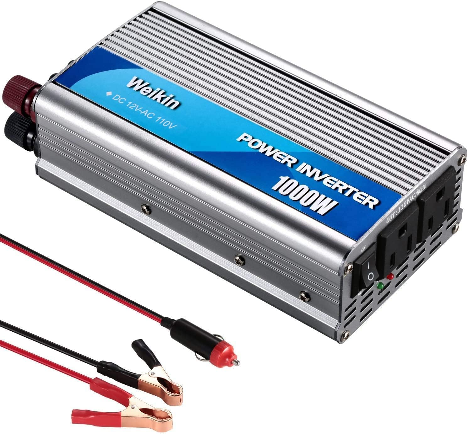 Power Inverter 1000W，DC to AC Converter 12V to 110V 1000Watt Modified sine Wave Inverter with Battery Clips