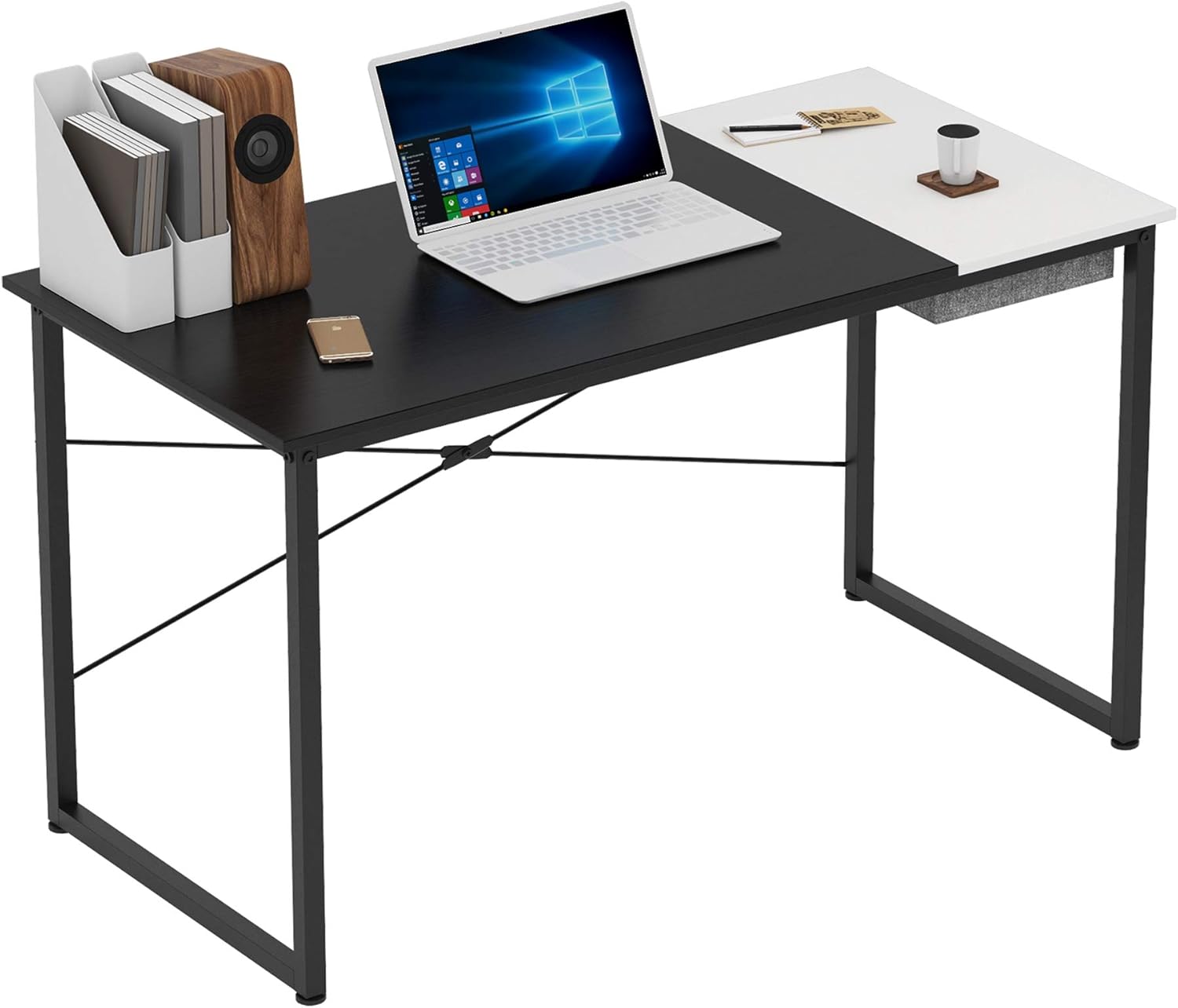 COTUBLR 55 Inch Computer Desk with Storage Box Home Office Writing Study Laptop Table, Modern Simple Style Desk with Drawer, Black White Pack of 2