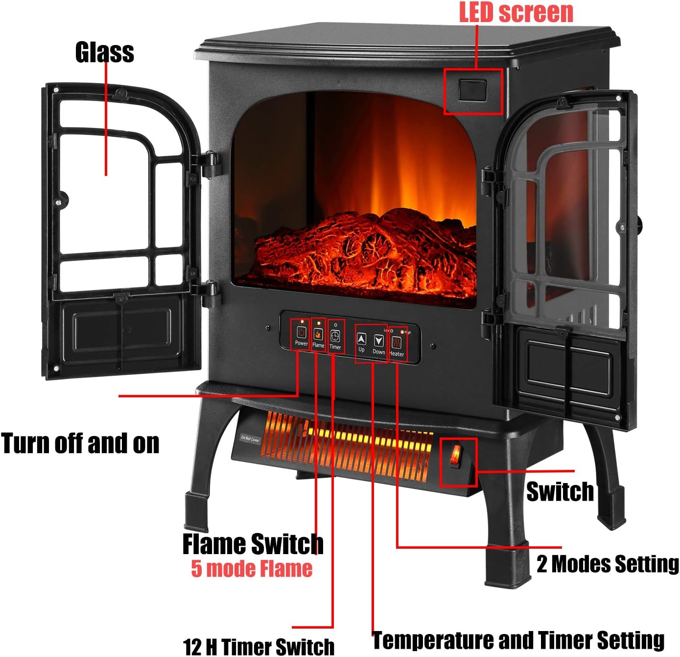 1500W Electric Fireplace Heater with Remote Control, Freestanding Fireplace Stove with Thermostat-- ETL Certified, 3D Flames,Over-Heat Protection,12H Timer(Black)