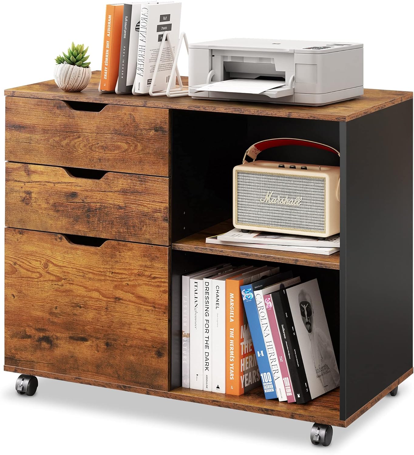 DEVAISE 3-Drawer Wood File Cabinet, Mobile Lateral Filing Cabinet, Printer Stand with Open Storage Shelves for Home Office, Black