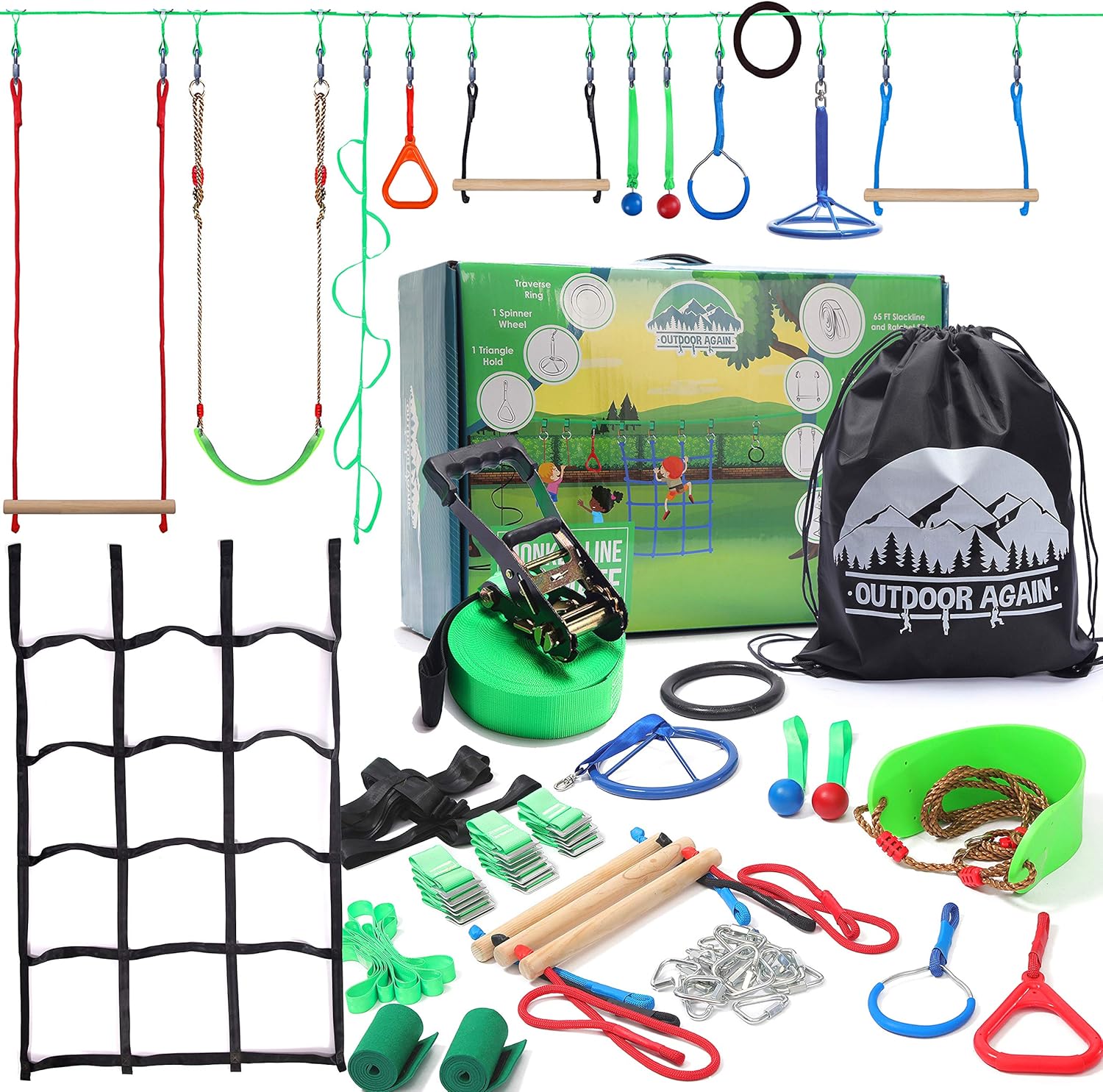 Outdoor Again 65' Ninja Warrior Obstacle Course for Kids - 12 Obstacles - Ninja Slackline - Kids Obstacle Course - Ninja Course for Kids Outside - Kids Ninja Warrior Obstacle Course- Ninja Slack Line