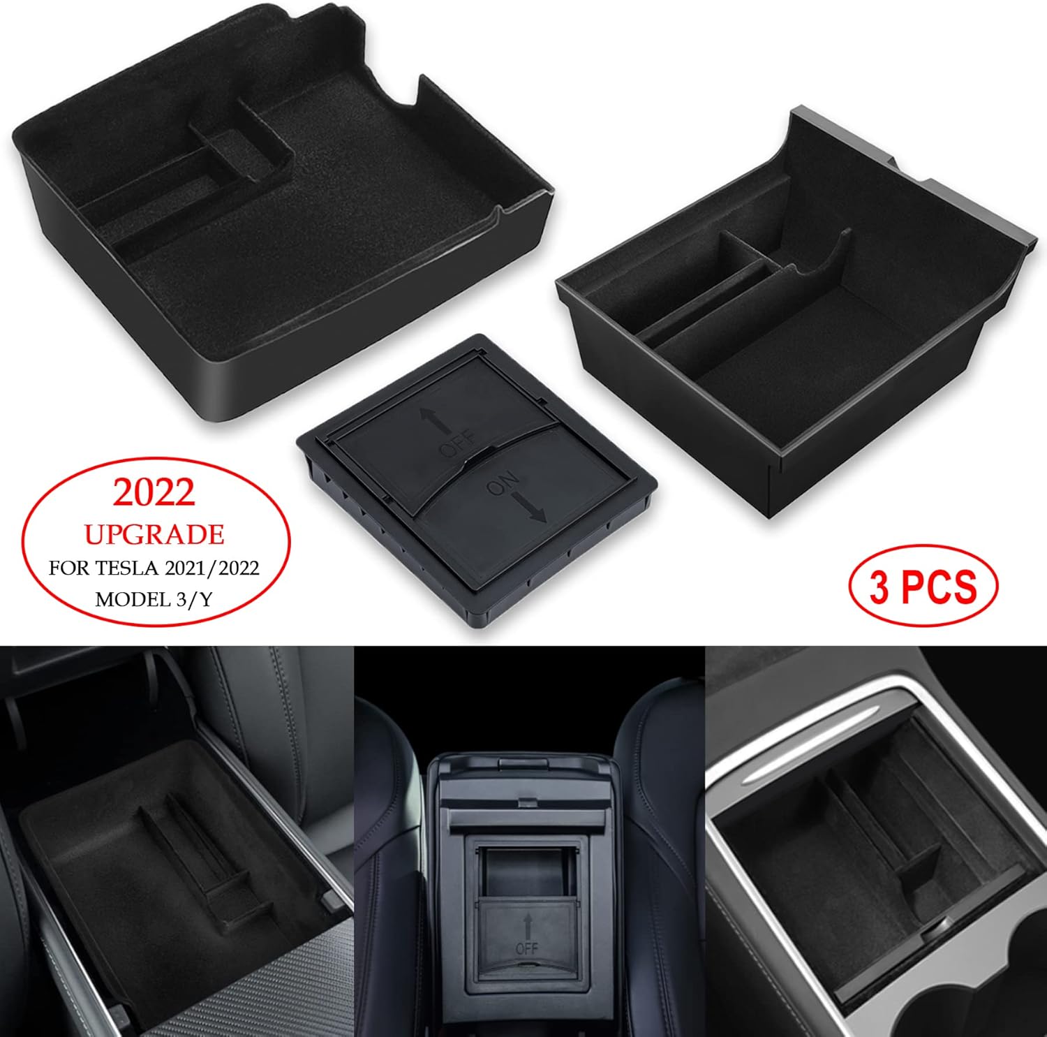 Arttodo Center Console Organizer Tray Compatible with 2021 2022 Tesla Model 3/Y, Flocked Armrest Storage Box, Rear Tray, Armrest Hidden Cubby Drawer Storage Box, Tesla Model 3&Y Accessories, (3PCS)