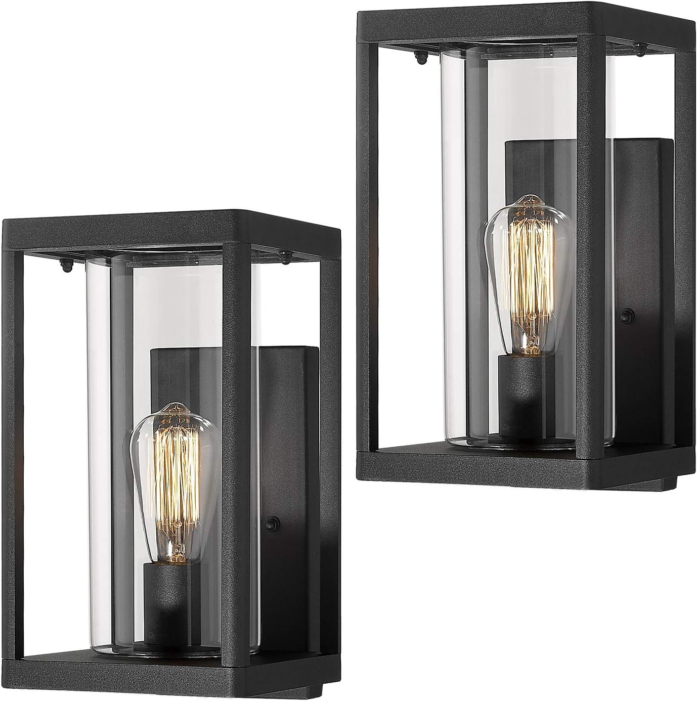 Beionxii Outdoor Wall Lights, Modern Exterior Wall Sconces Porch Lantern Set of 2, Sand Textured Black Cast Aluminum with Clear Cylinder Glass - A291W-2PK