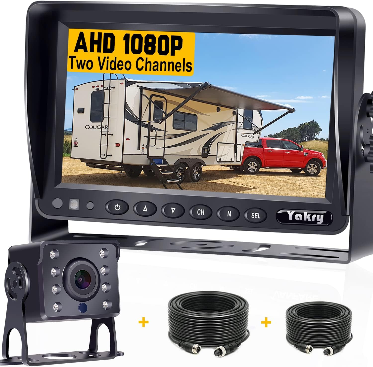 Backup Camera for Truck HD 1080P 7 Inch Monitor 30 Mins DIY Installation Kit for RVs,Trailers,5th Wheels,Campers High-Speed Rear View Observation System Second License plate Camera Available Yakry Y14