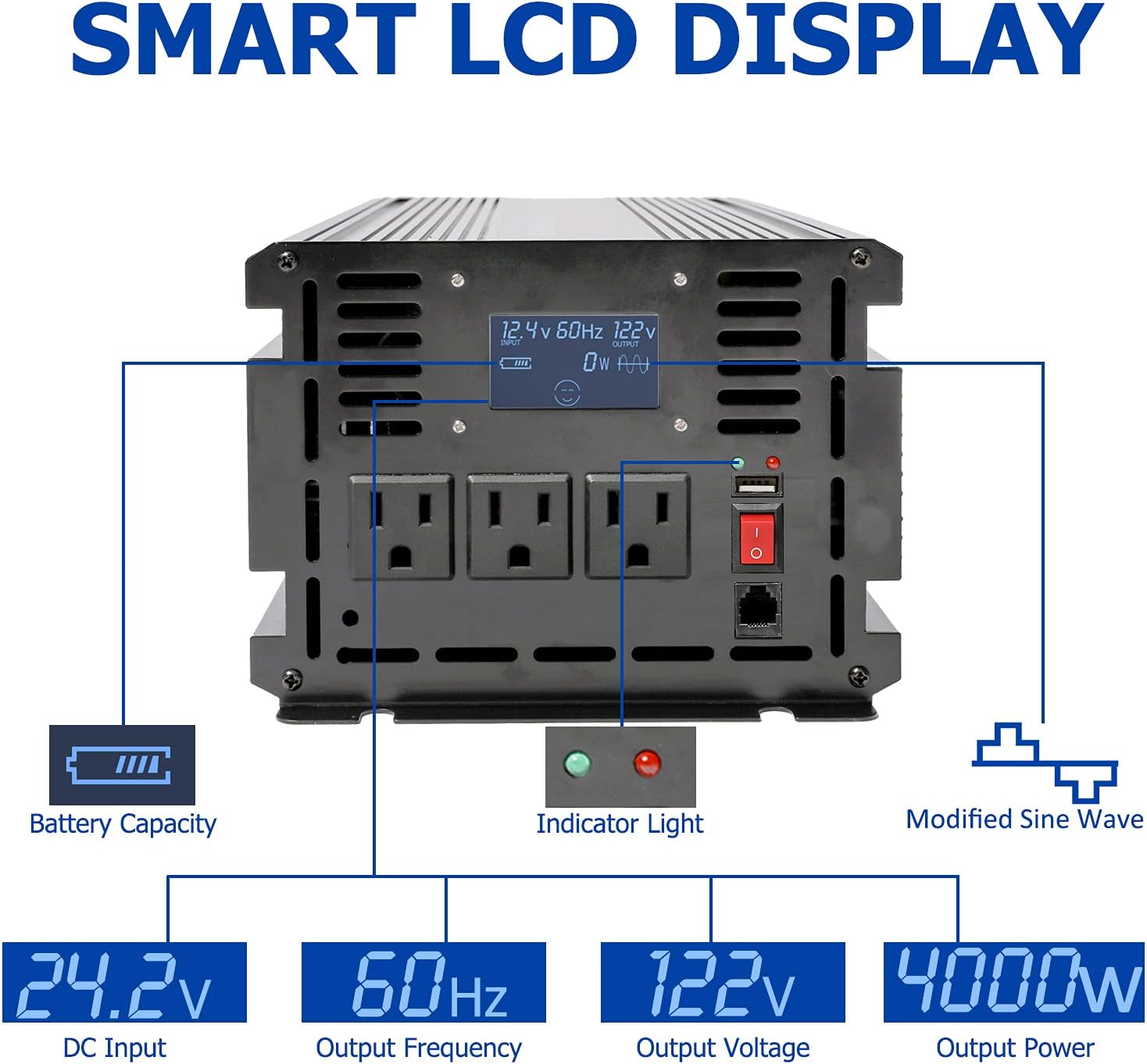 aeliussine 4000 watt Power Inverter, 24v to 110v 120v Modified Wave Power Inverter dc to ac Power Converter, 3 ac Outlet, USB Outlet, Remote Switch (4000W 24V)