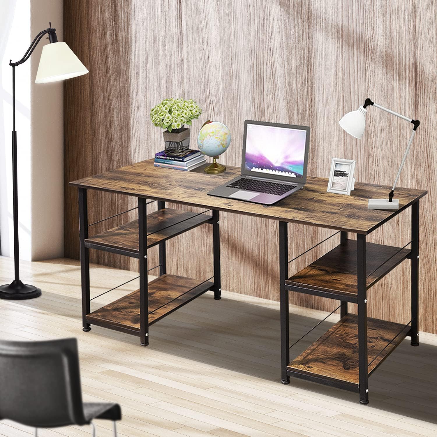 Jerry & Maggie - Computer Desk Home Office Desk One Side 2 Tiers Shelves Sturdy Surface Laptop Desk Professional Modern Plain Personal Workstation Rectangle Metal Legs - Rustic Dark Brown