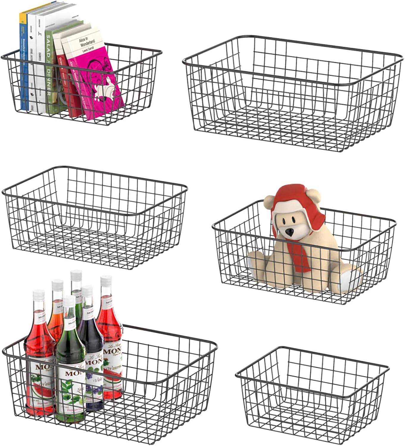 Wire Storage Basket, F-color 6 Pack Multi Size Metal Baskets for Storage Organizer for Pantry, Shelf, Freezer, Kitchen, Cabinet, Bathroom, Black Pack of 2
