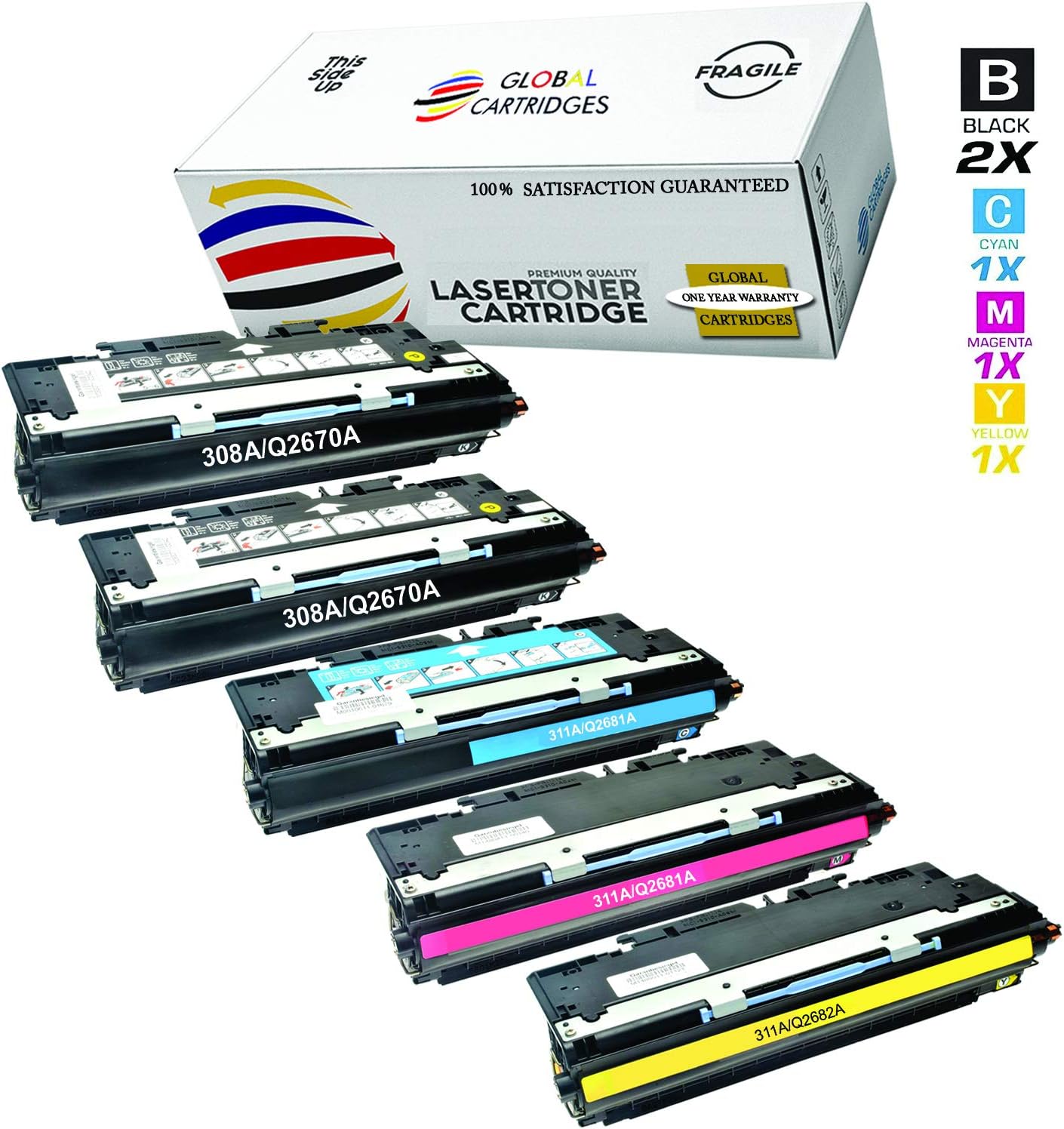 Global Cartridges Compatible Toner Cartridges Set+Black for HP 308A 309A 311A/3500 3700 Series/Q2670A Q2681A Q2682A Q2683A(2xBlack,1xCyan,1xYellow,1xMagenta)
