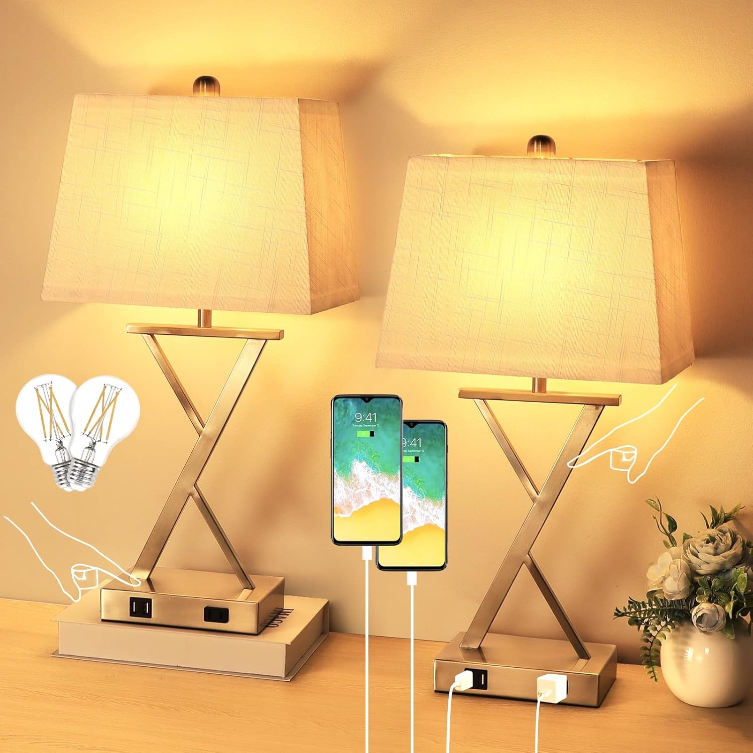 Set of 2 Bedside Touch Table Lamps with 2 USB Ports+AC Outlet,3-Way Dimmable Nightstand Lamps Set Bedside Table Lamps Fabric Shade for Bedroom Living Room Set of 2,Bulbs Included