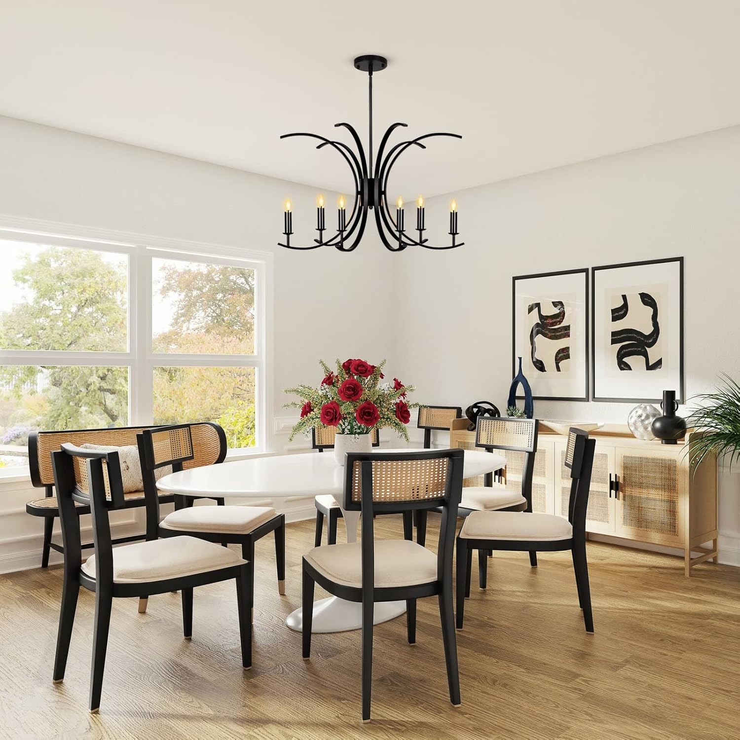 Black Farmhouse Chandeliers, 6-Light Industrial Classic Candle Chandeliers Lighting, Metal Pendant Light Fixture Chandeliers for Dining Room, Kitchen Island, Living Room, Bedroom