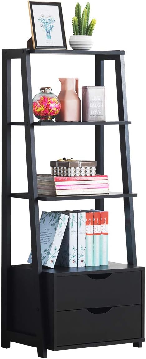 Tangkula Ladder Shelf Bookcase, Free Standing 4-Tier Bookshelf with 2 Storage Drawers, Modern Storage Display Shelving with Drawers, Ideal for Bathroom Home Office (Black)