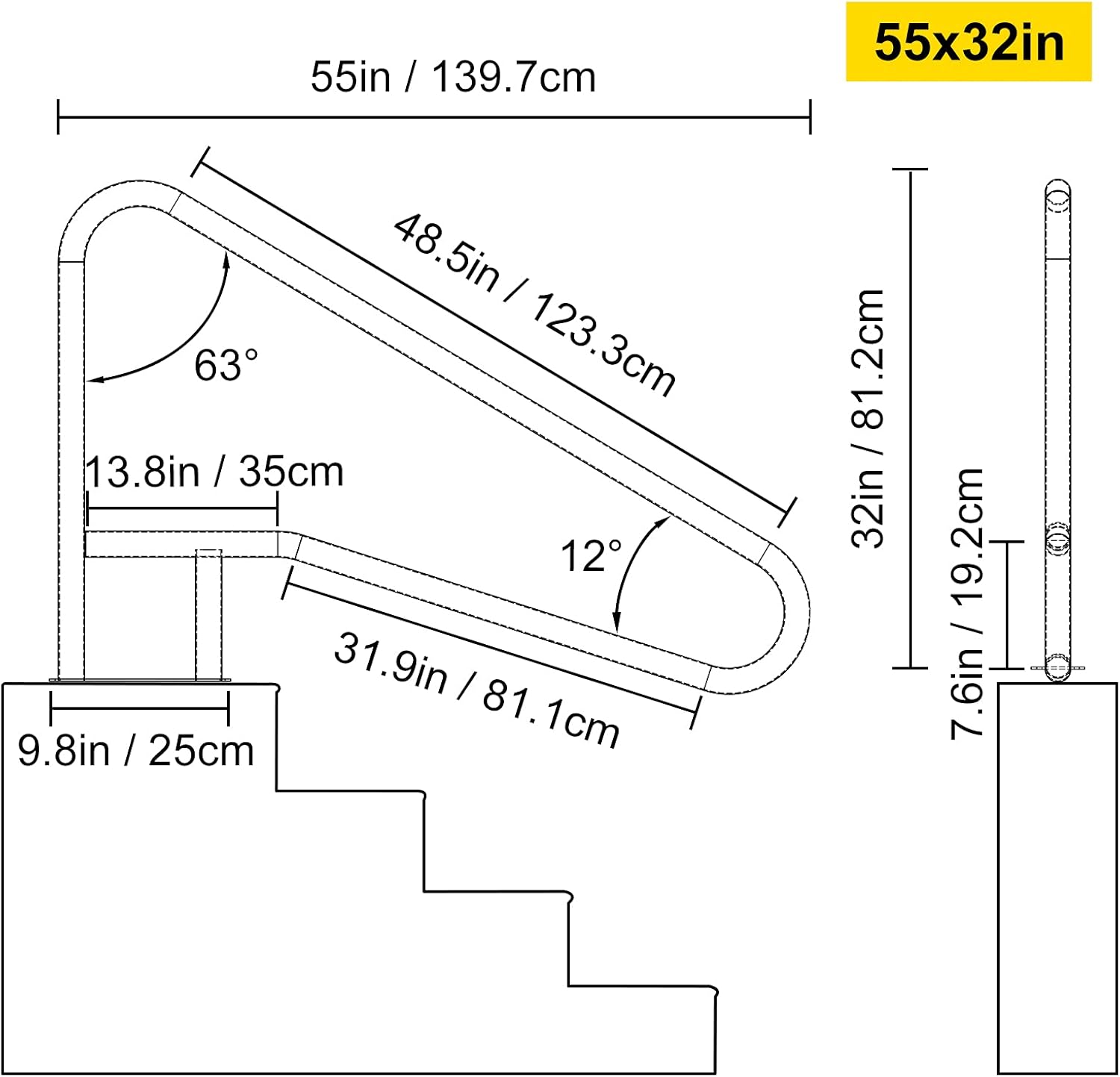 VEVOR Pool Rail 55x32 Pool Railing 304 Stainless Steel 250LBS Load Capacity Silver Rustproof Pool Handrail Humanized Swimming Pool Handrail with Blue Grip Cover & M8 Drill Bit & Self-Taping Screws