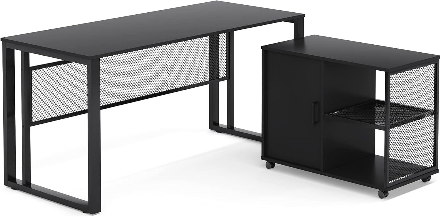 Computer Desk Office Desk with File Cabinet, Tribesigns 55 inch L-Shaped Executive Desk Table with Storage Mobile Printer Filing Stand, Black