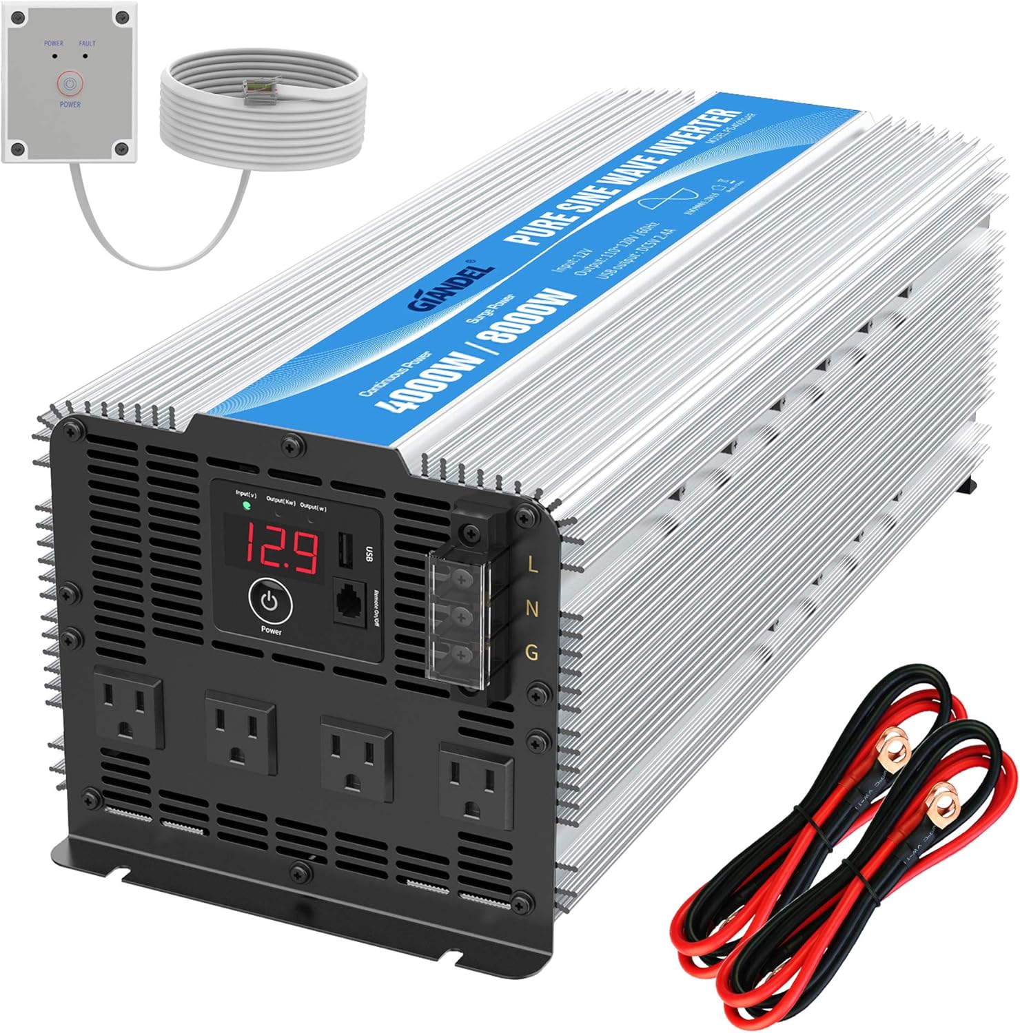 GIANDEL 4000W Heavy Duty Pure Sine Wave Power Inverter DC12V to AC120V with 4 AC Outlets with Remote Control 2.4A USB and LED Display