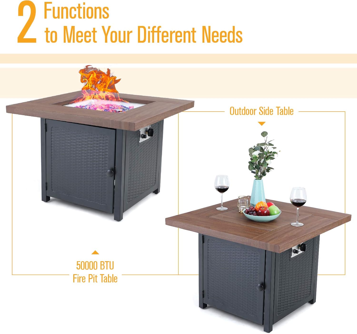 MFSTUDIO 34 inch 50000-BTU Brown Tabletop Gas Fire Pit Table, Steel Propane Square Fire Table with Lid and Blue Glass for Patio,Backyard and Balcony,Brown