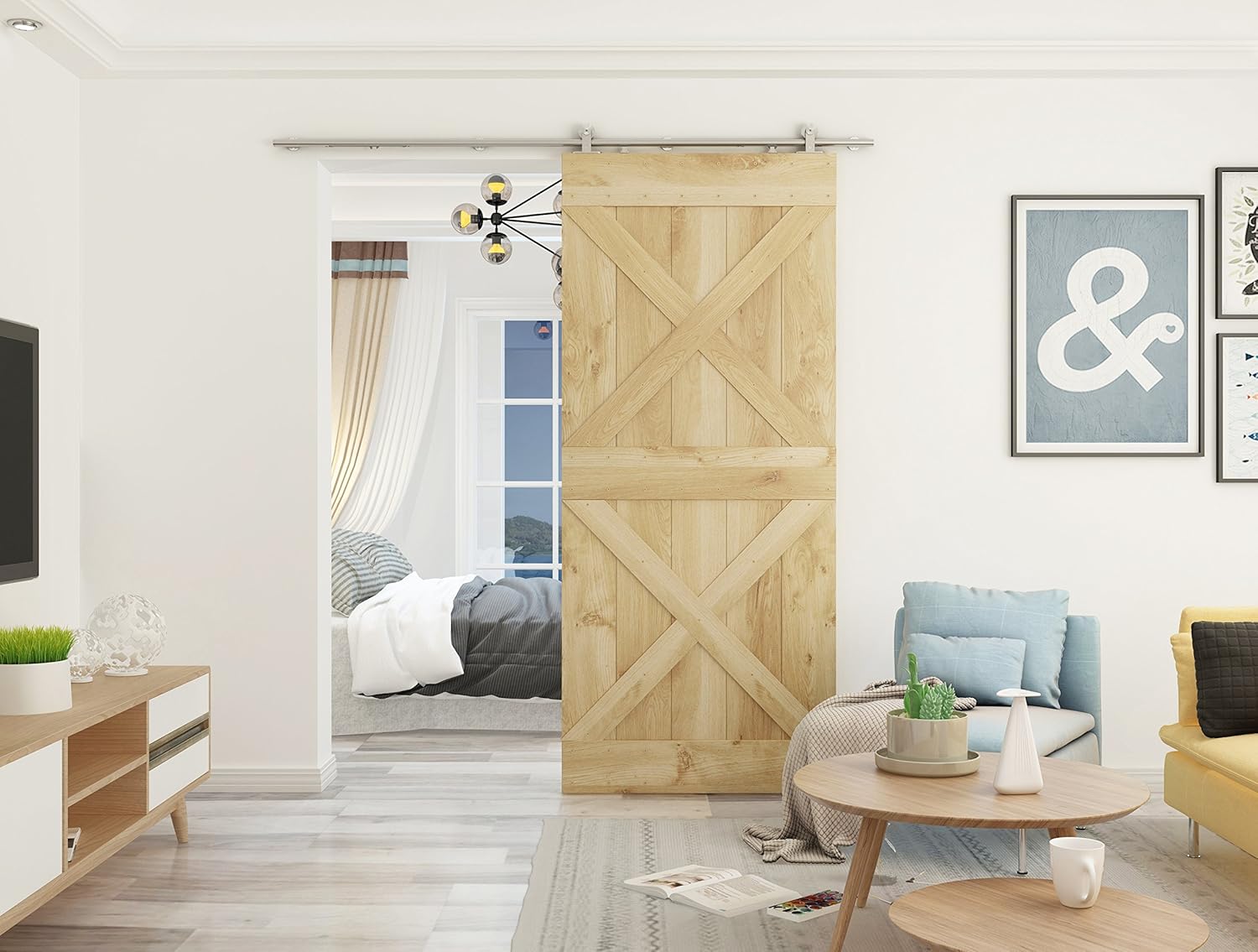 DIYHD 6.6FT Integrated Soft Close Sliding Hardware Brushed Stainless Steel Top Mount Studio Barn Door Style Track Kit