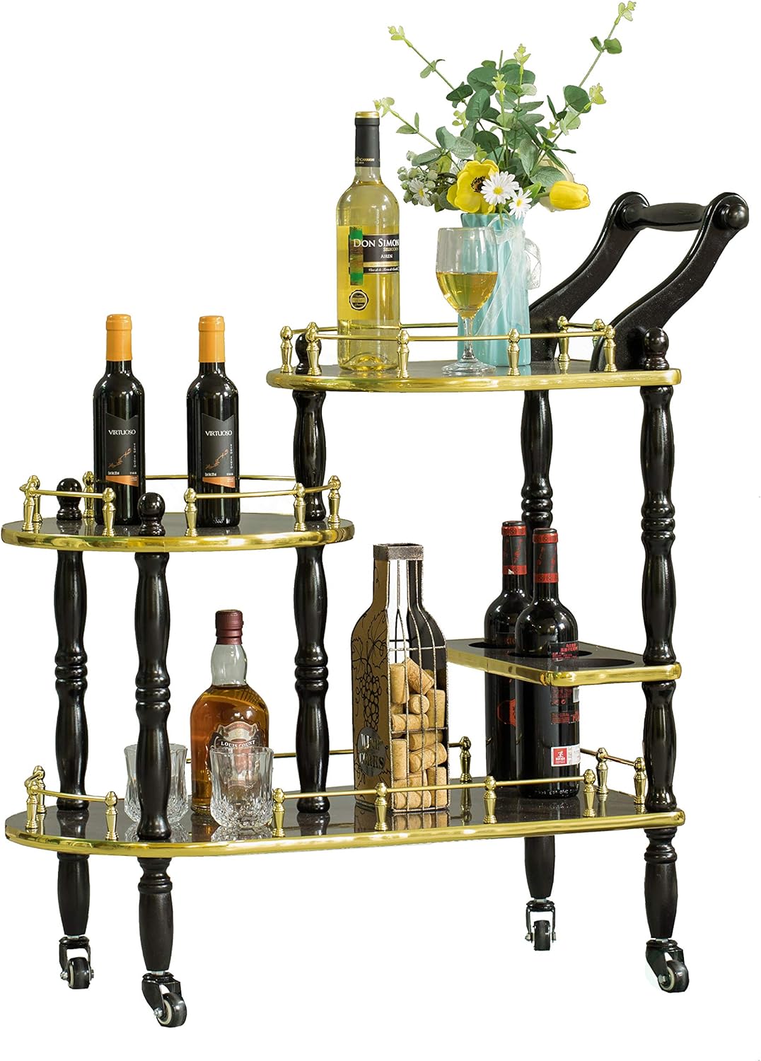 Bold Tones Wood Serving Bar Cart Tea Trolley with 3 Tier Shelves and Rolling Wheels, Gold, Black and White
