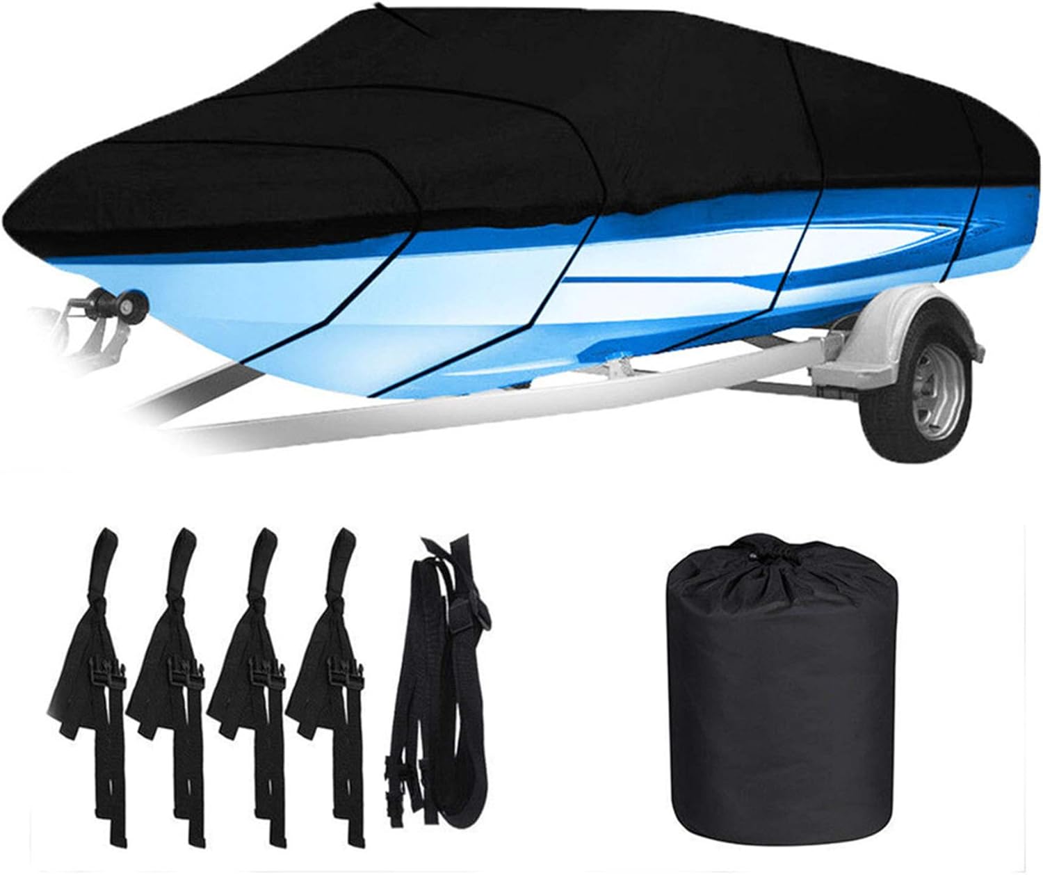 waltyotur Waterproof Heavy Duty 210D Boat Cover Trailerable Fishing Ski Bass V-Hull Tri-Hull Runabouts 11-22ft Black