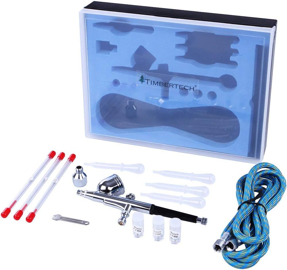 TIMBERTECH Precision Airbrush Professional Dual Action Airbrush ABPST01 with 1/8&rsquo;&rsquo;-1/4&rsquo;&rsquo; Adapter, 6ft Airbrush Hose, 0.2/0.3/0.5mm Nozzles and Needles for Painting, Cake Decorating, Tattoo, Models Art