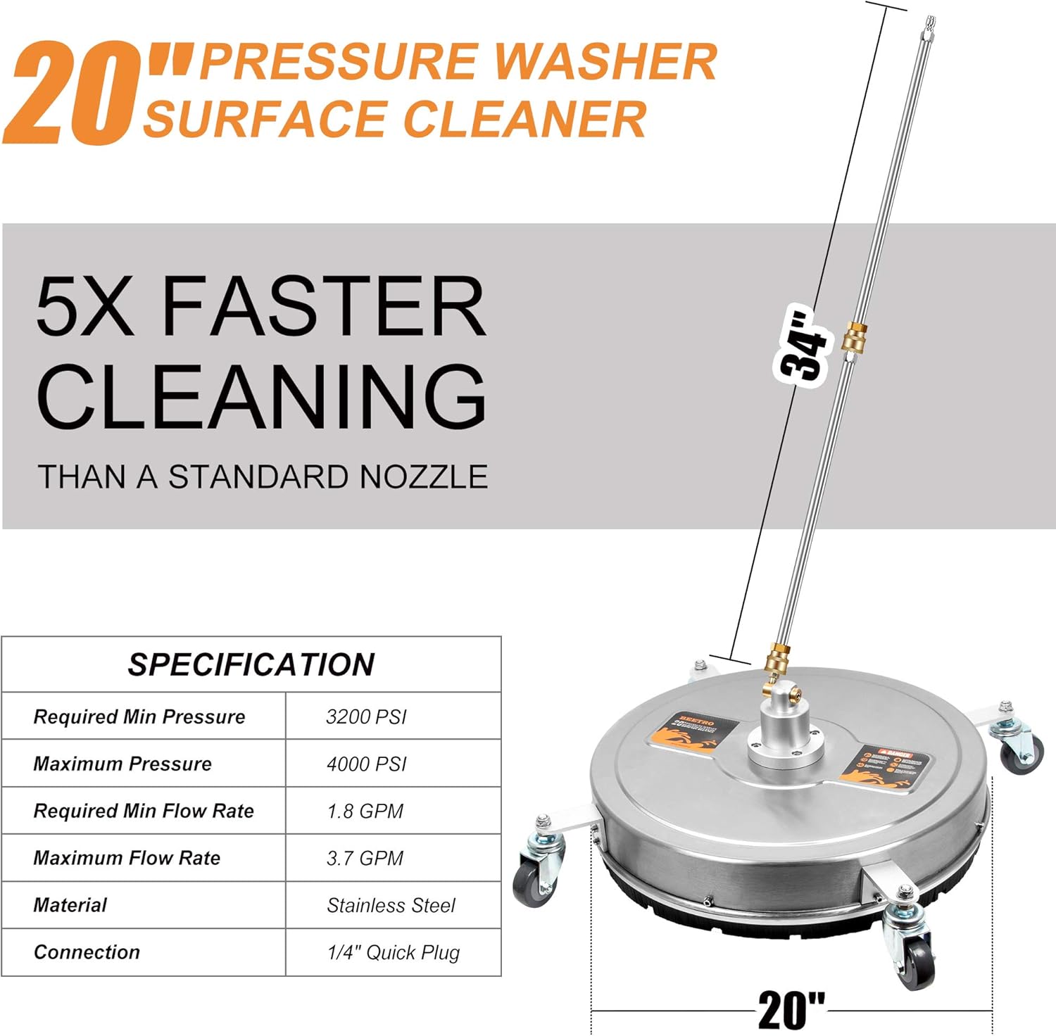 BEETRO 20 Inch Stainless Steel Pressure Washer Surface Cleaner, 4000 PSI Surface Cleaner with 2 Extension Wands, Power Washer Attachment Surface Cleaning Tools for Driveway,Sidewalk,Deck, Patio