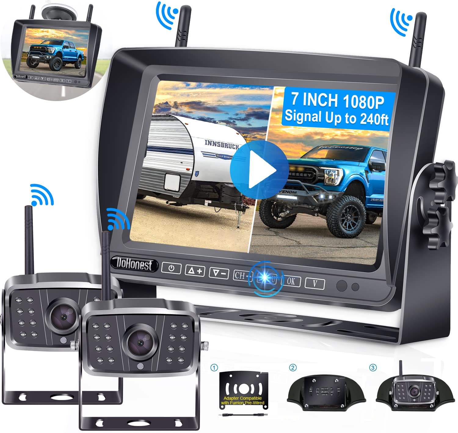 Wireless Backup Camera for RV HD 1080P 2 Rear View Camera 7‘’ DVR Touch Key Monitor Stable Digital Signals,Support 4 Cameras with Adapter for Furrion Pre-Wired RV,Trailer,Truck,5th Wheel DoHonest- V23