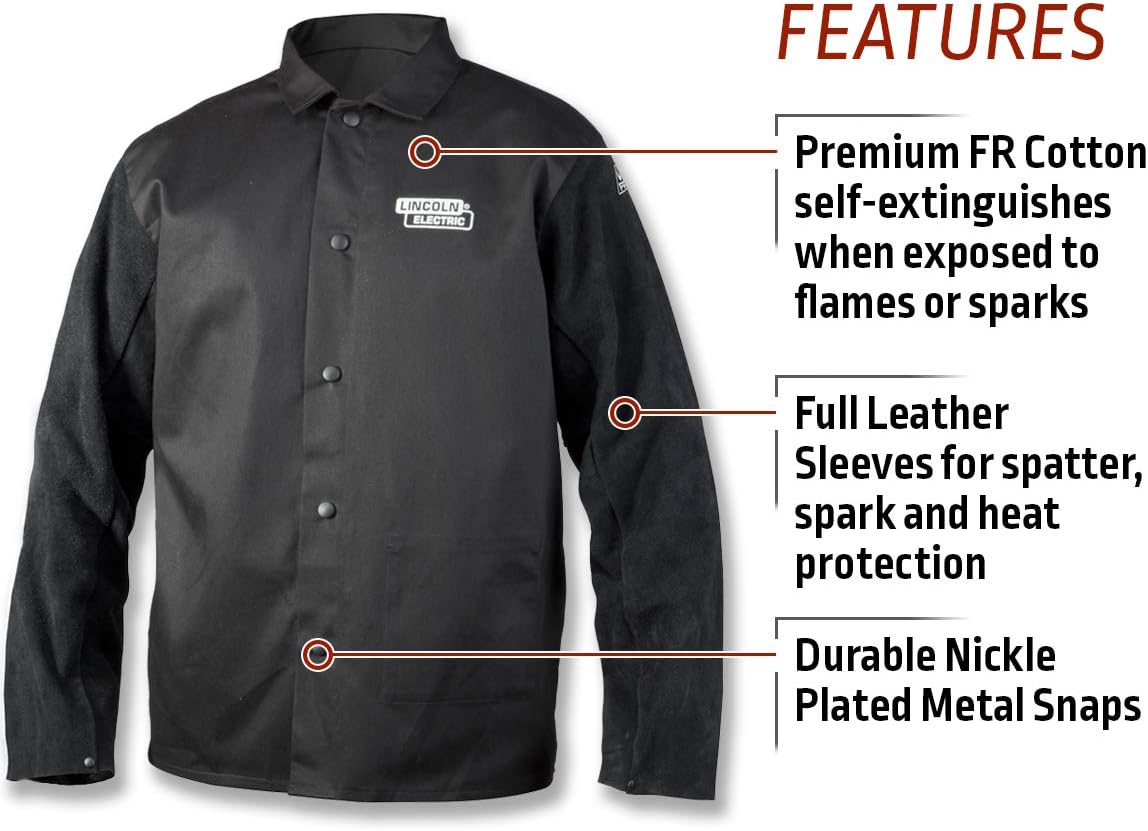Lincoln Electric Split Leather Sleeved Welding Jacket | Premium Flame Resistant Cotton Body | Black | XL | K3106-XL