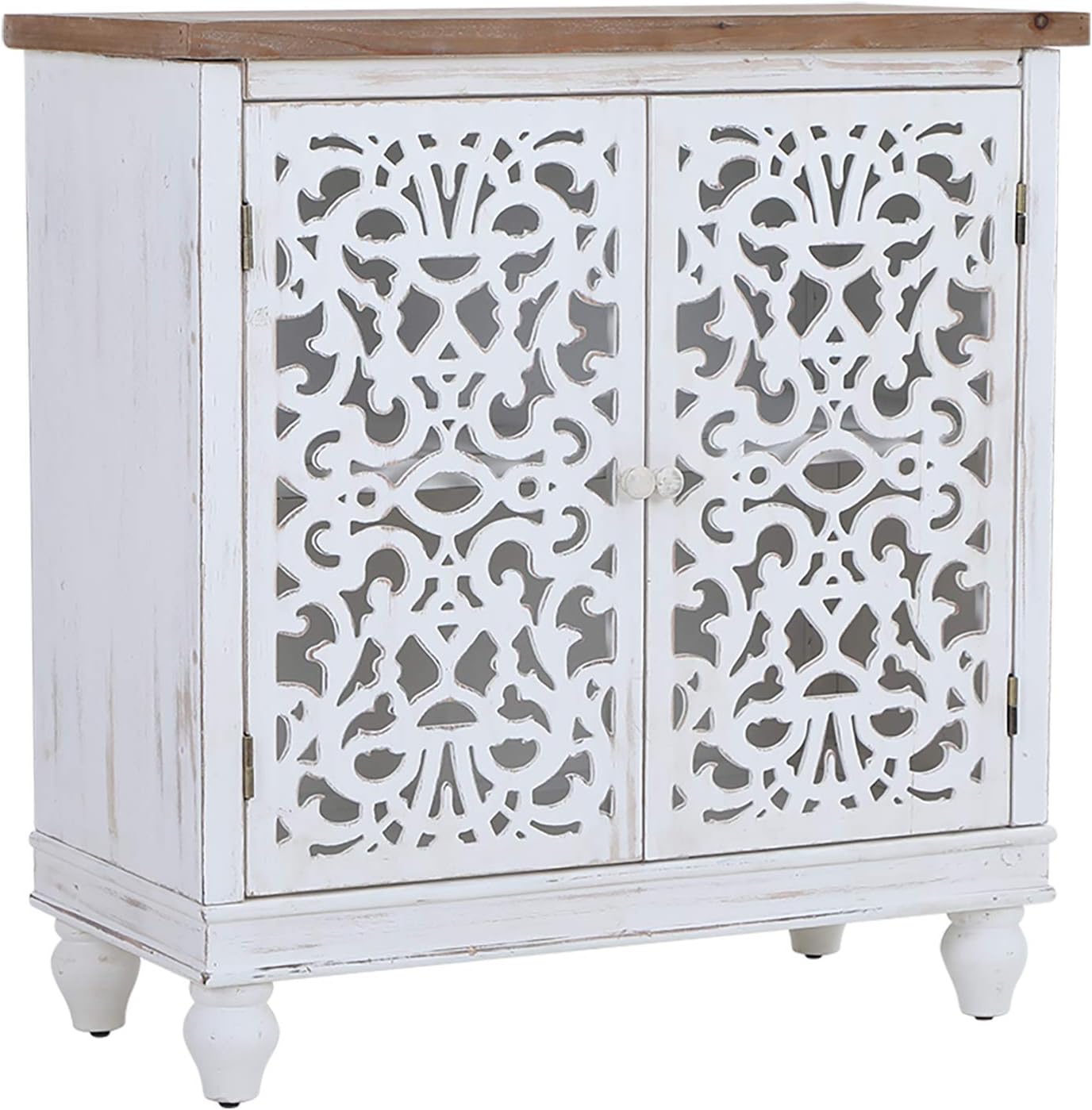 Sophia & William Storage Cabinet with 2 Doors, Accent Display Storage Organizer Distressed Console Cabinet with Wooden Frame and Hollow-Carved Floral Pattern for Entryway Living Room Bedroom, White