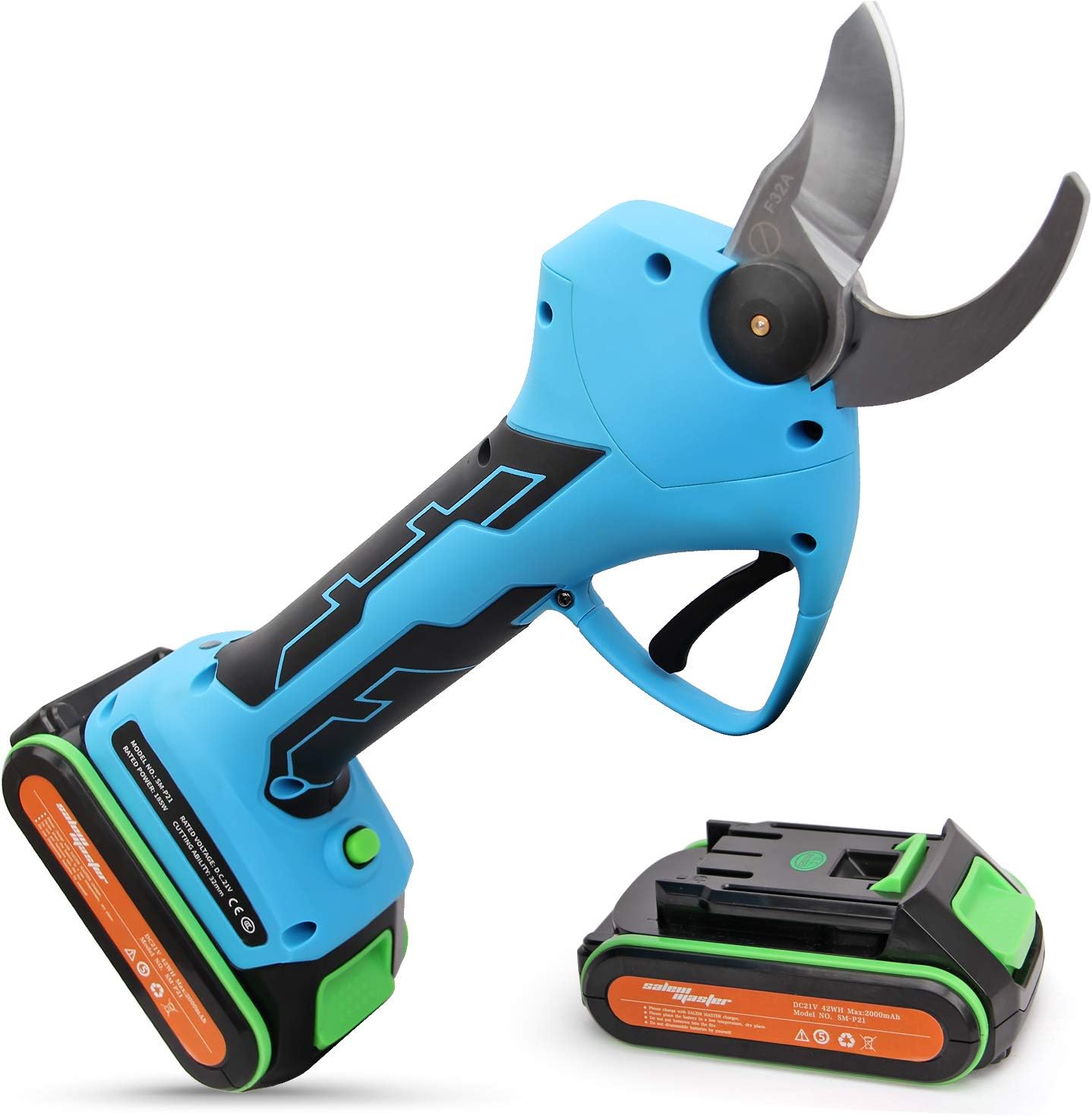 Pruning Shears Battery Powered with 2 Pack Backup Rechargeable 2Ah Lithium Battery Powered Tree Branch Pruner, 32mm (1.26 Inch) Cutting Diameter, 6-8 Working Hours (Deep blue) (21V-Deep blue)