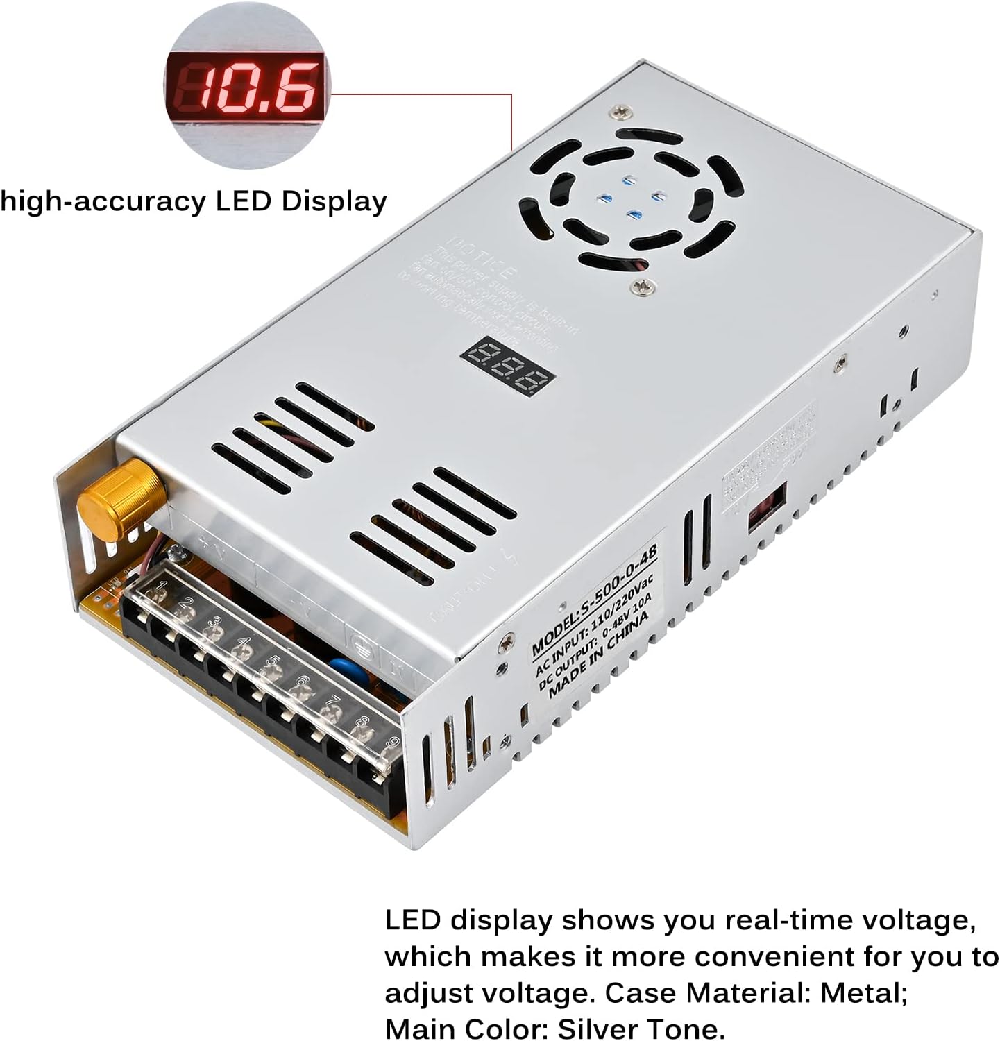 Adjustable Voltage dc Power Supply 500W DC Output 0-48V Adjustable, AC 110V-220V Switching Power Supply Digital Display