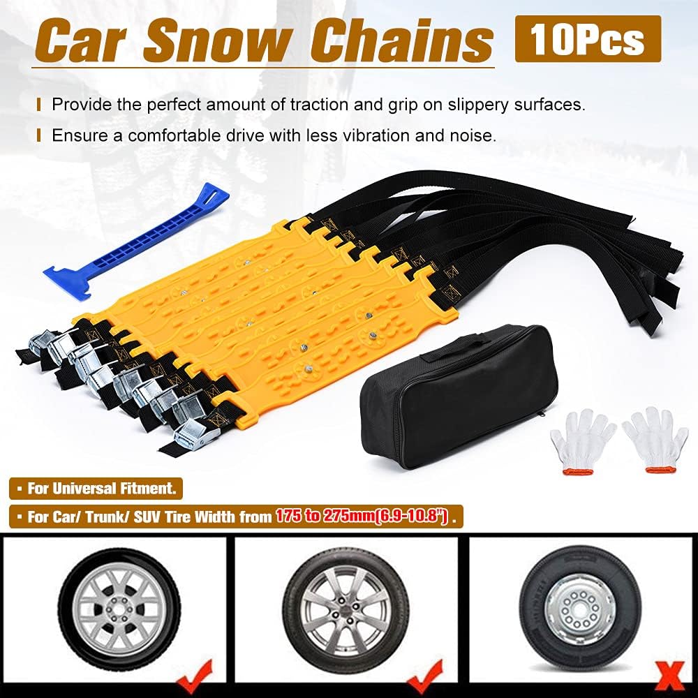 PTNHZ Universal Yellow 10pcs Car Snow Chains TPU Wheel Security Chains Adjustable Snow Tire Chains Belt Emergency Anti-Skid Anti-Slip For Cars Auto Trunk SUV Traction Snow Mud
