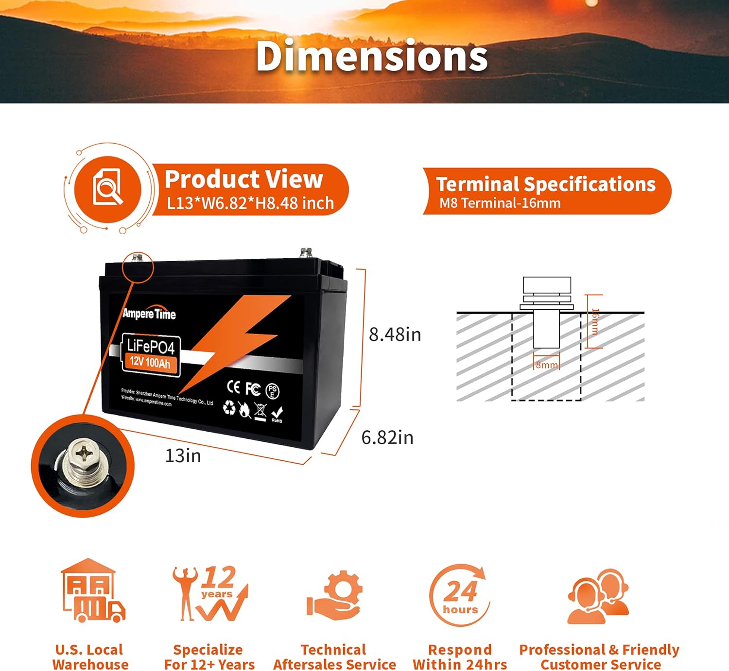 Ampere Time LiFePO4 Deep Cycle Battery 12V 100Ah with Built-in BMS, Perfect for Replace Most of Backup Power and Off Grid Applications...