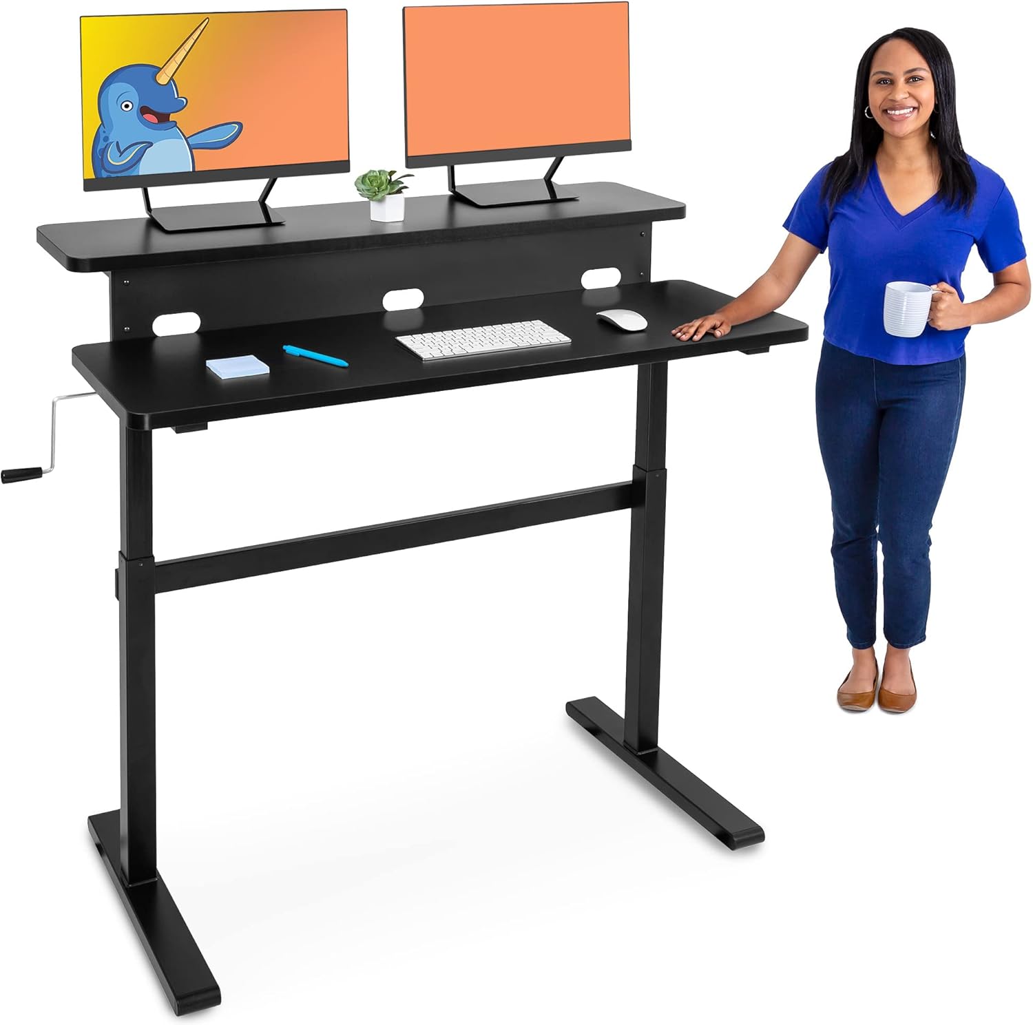 Stand Steady Tranzendesk | 47 Inch Dual Level Standing Desk with Shelf | Easy Crank Height Adjustable Sit to Stand Desk | Stand Up Workstation with Monitor Riser for Home & Office (47in / Black)