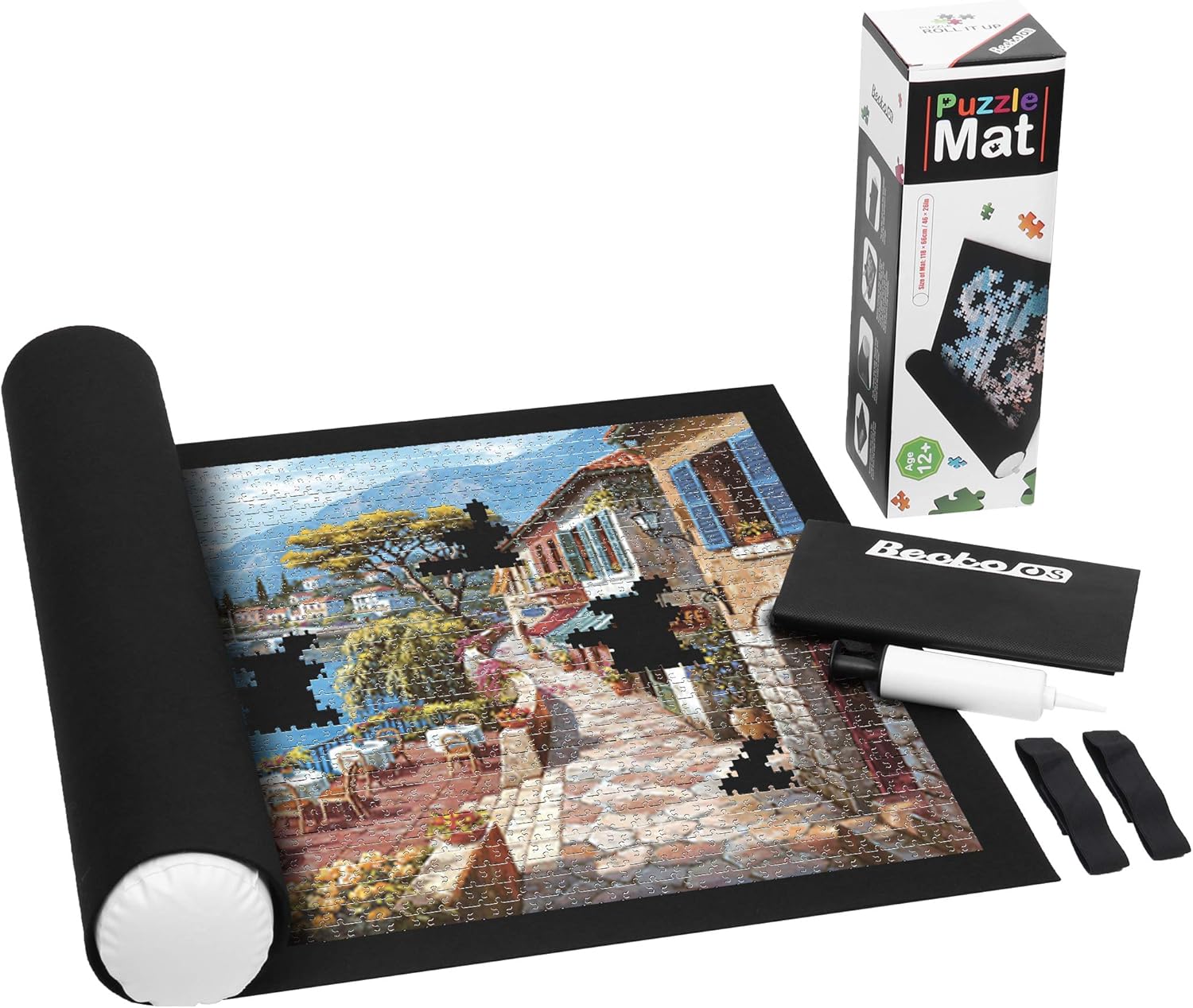 Becko US Jigsaw Puzzle Mat Puzzle Roll Up Mat Puzzle Saver Puzzle Storage with A Drawstring Storage Bag & Hand Pump for 500, 1000, 1500 Pieces Puzzles (Black)